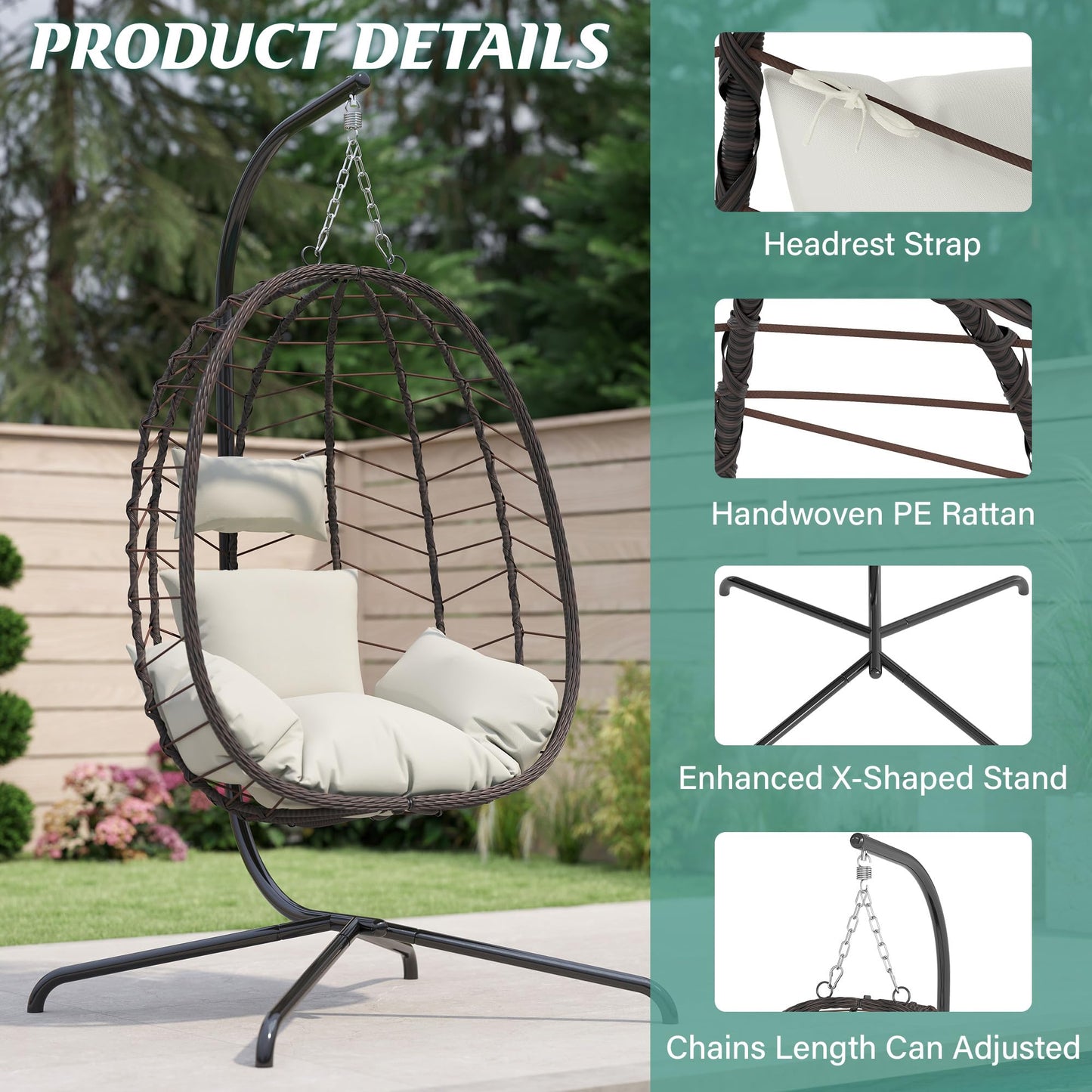 LEX CRAFT Hanging Egg Chair with Stand, Swinging Egg Chair Outdoor Indoor, Hanging Basket Chair with Cushion, Patio Wicker Hammock Chair 350lbs Capacity for Bedroom, Balcony, Backyard, Garden (Beige)