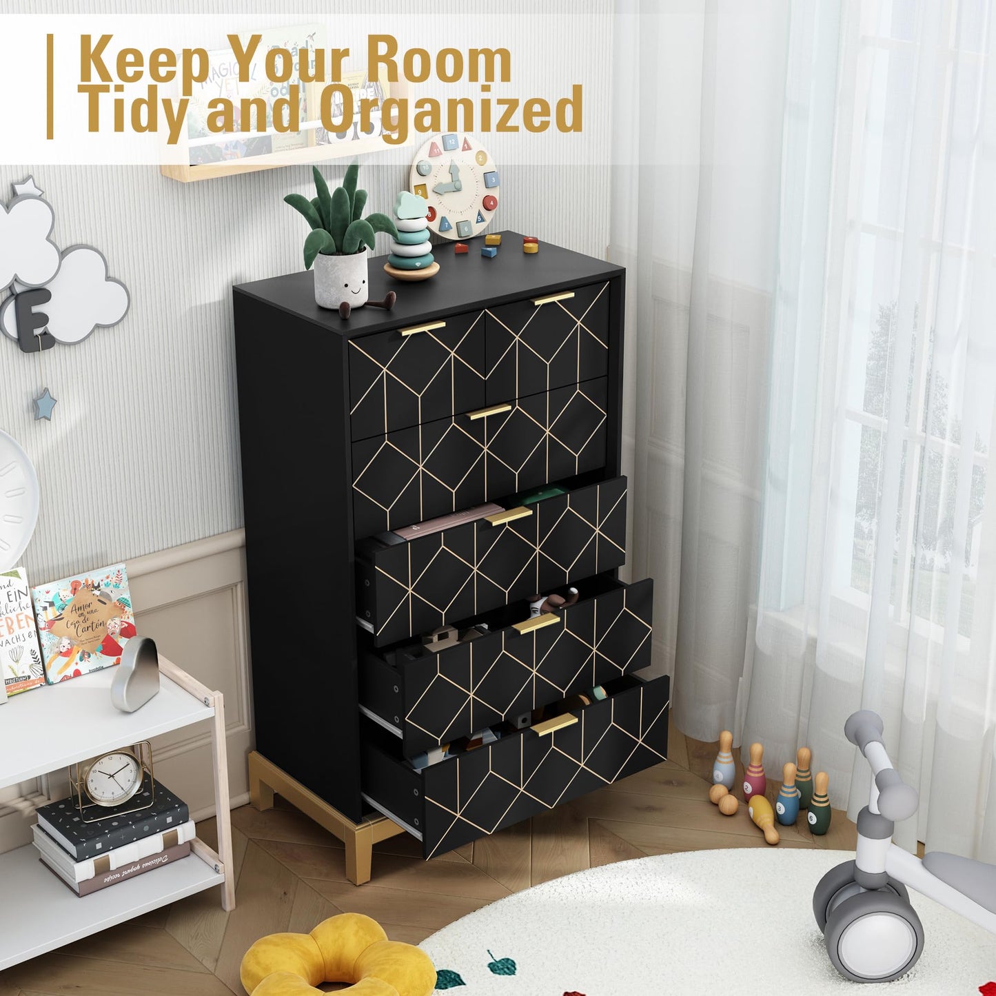 HLR 6 Drawer Dresser for Bedroom,Modern Wood Chest of Drawers with Gold Trim, Tall Dresser Storage Tower, Large Capacity Organizer Unit for Closet, Living Room, Hallway, Entryway，Black