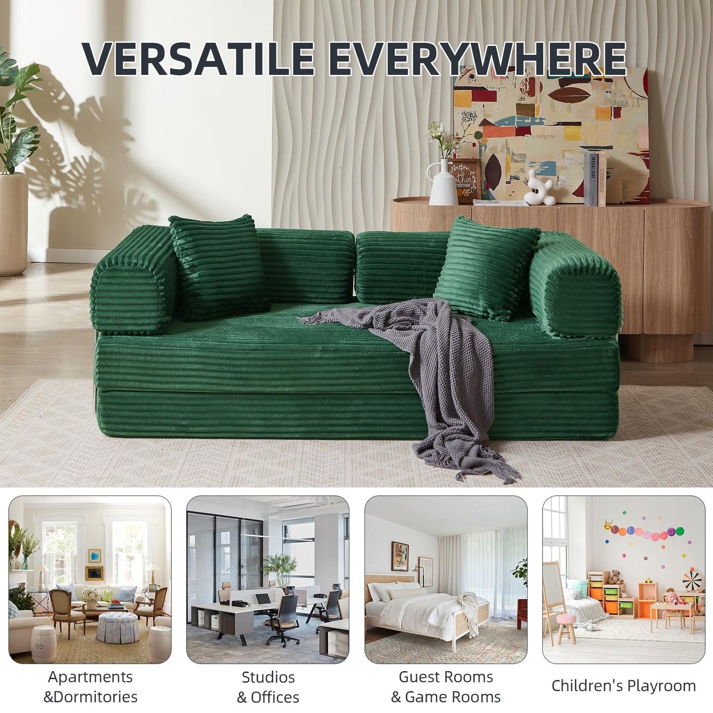 HUAYICUN 4-in-1 Convertible Folding Sleeper Sofa Bed, Plush Corduroy Foldable Mattress Couch with Fixed-Shape Frame, Floor Compressed Sofa for Living Room, Bedroom (Green)