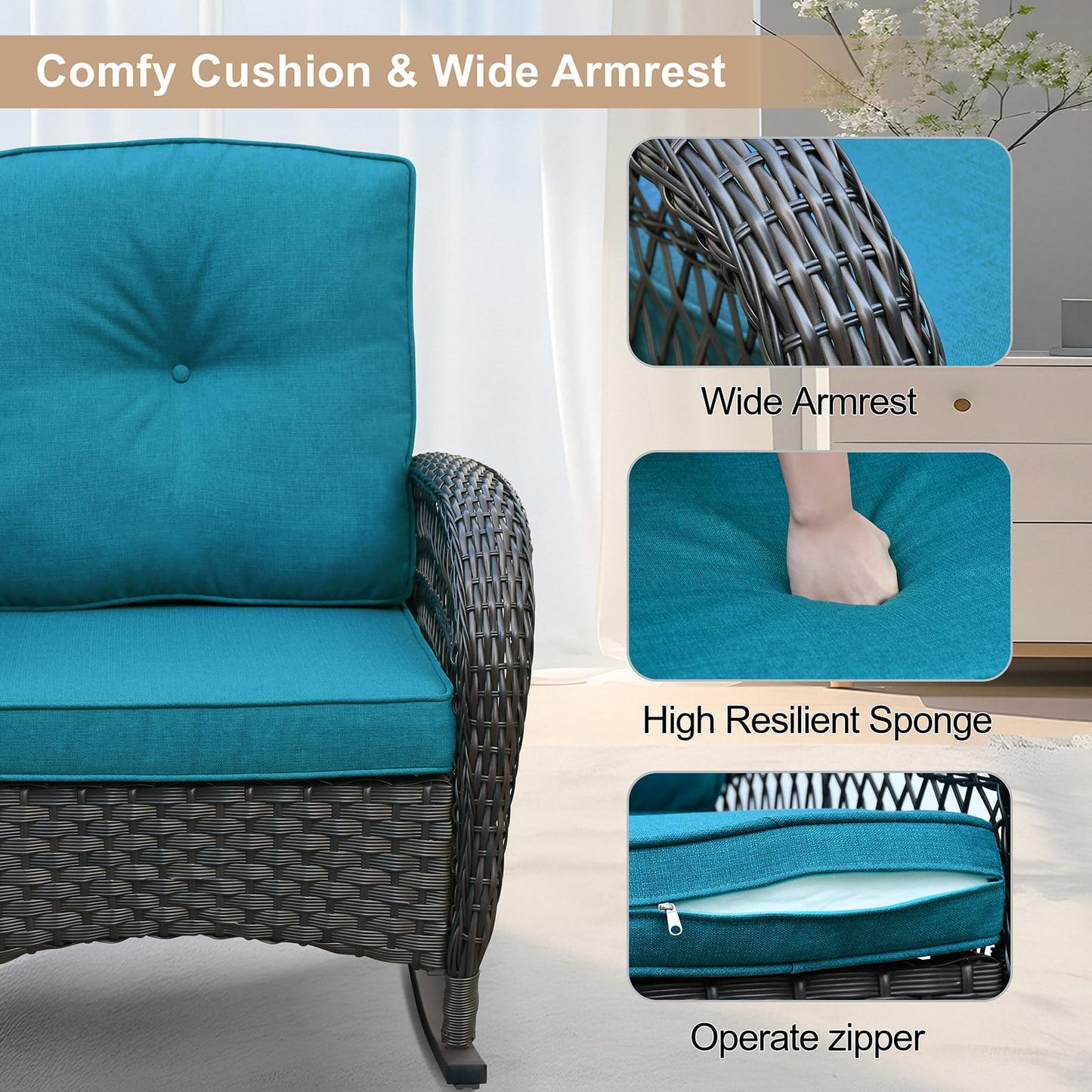 Skypatio Outdoor Wicker Rocking Chairs Set of 2 and Coffee Table, 3 Pieces Patio Bistro Furniture Set with Comfortable Cushions for Balcony, Porch, Backyard, Deck(Peacock Blue)