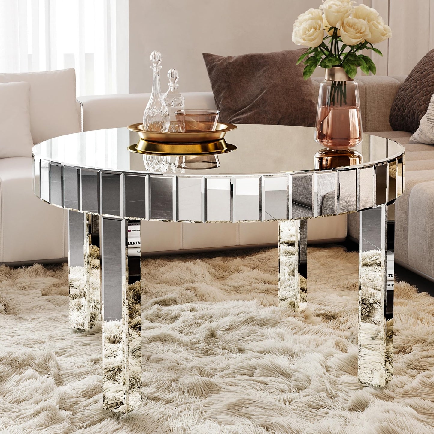 KUVADAZ Silver Mirrored Coffee Table, 31.5" Round Mirror Center Table with Starburst Mirror Mosaic Design, Modern Luxury Mirrored Furniture Glass Top Cocktail Tea Table for Living Room