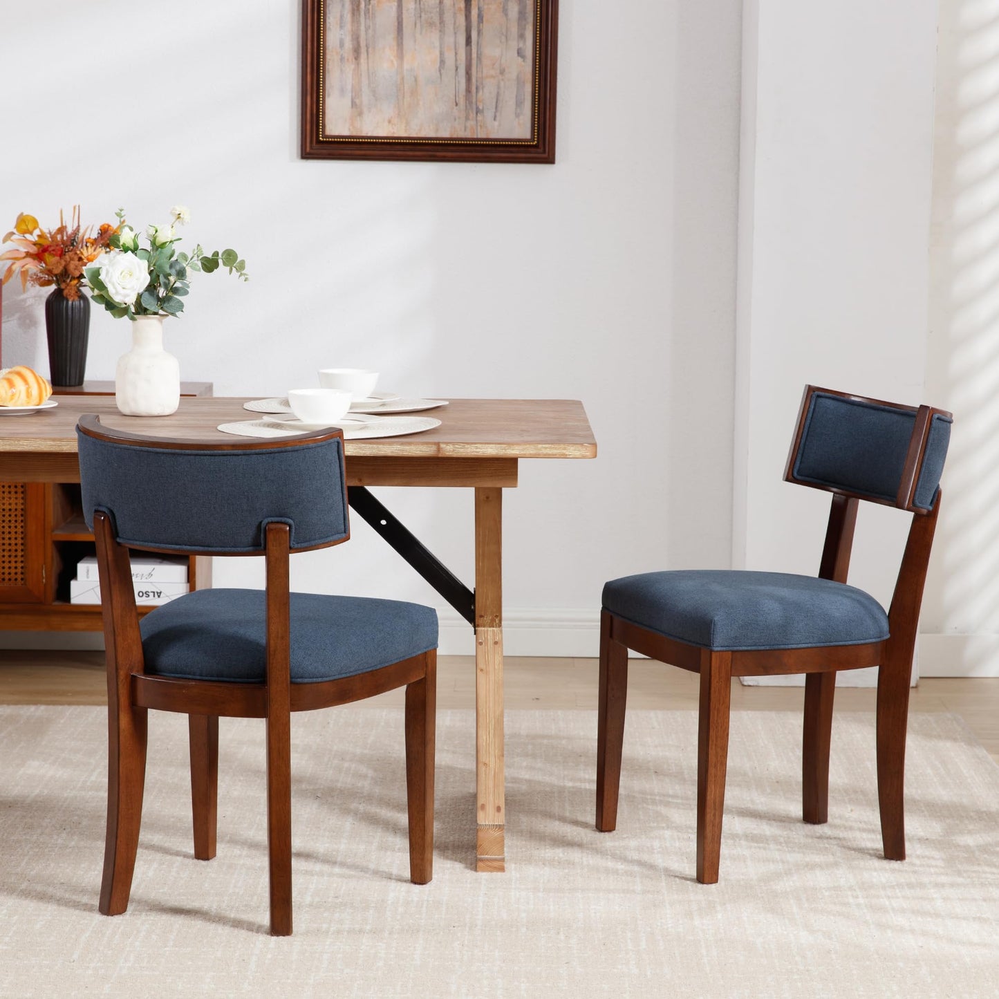 LZAREAL Mid Century Modern Dining Chairs Set of 2 Farmhouse Dining Room Chairs with Curved Backrest Dining Chair with Walnut-Colored Wood Legs for Kitchen Dining Room Home, Linen Fabric, Blue