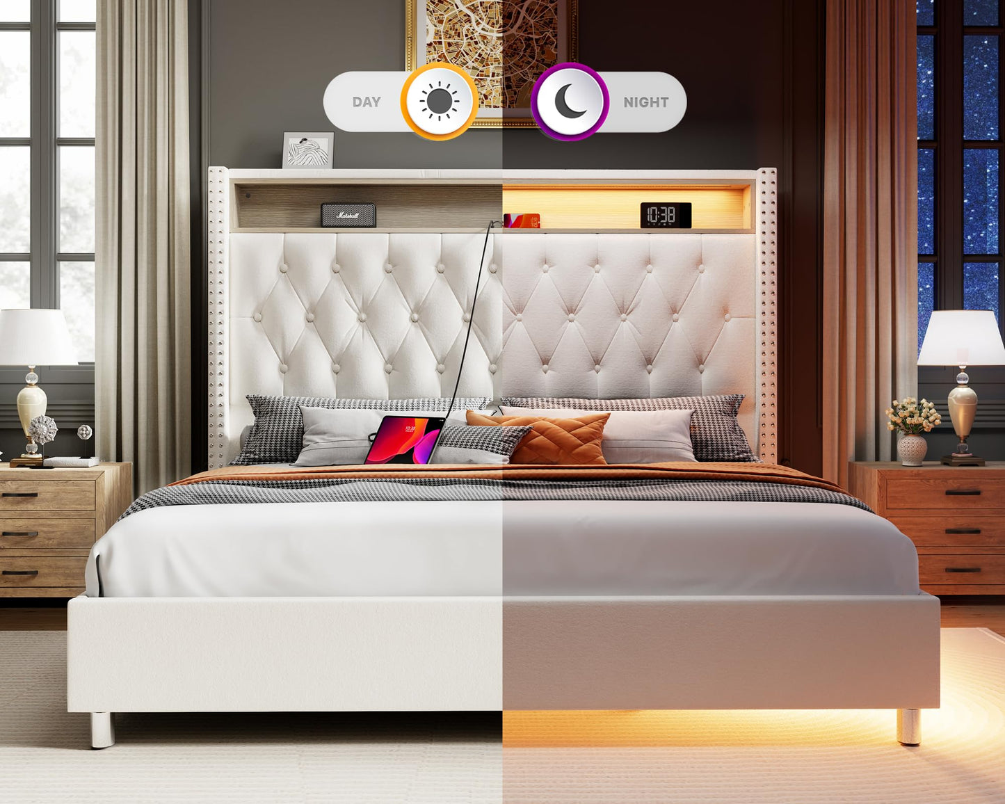 Jocisland Queen Size Bed Frame 53.6'' Tall Headboard LED Lights and Charging Station, Velvet Hign Upholstered Platform Bed Wingback Storage, No Box Spring Needed, Motion Activated Light, Light Cream