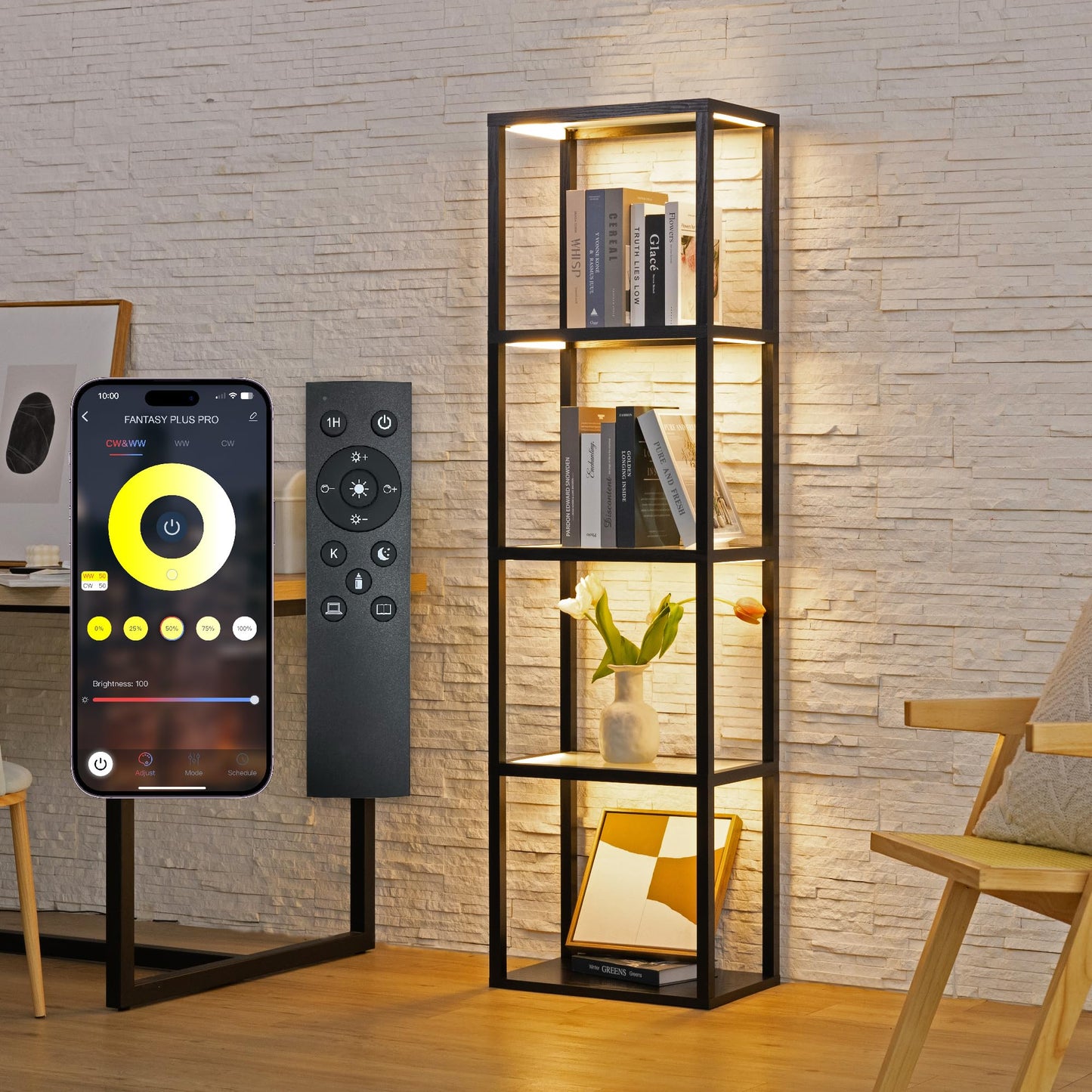 LED Display Shelf with Lights – Glass Display Cabinet for Collectibles with Dimmable Lighting, App & Remote Control – 66” Curio Shelf Floor Lamp with Adjustable Color Temps – FENLO Fantasy Plus Pro