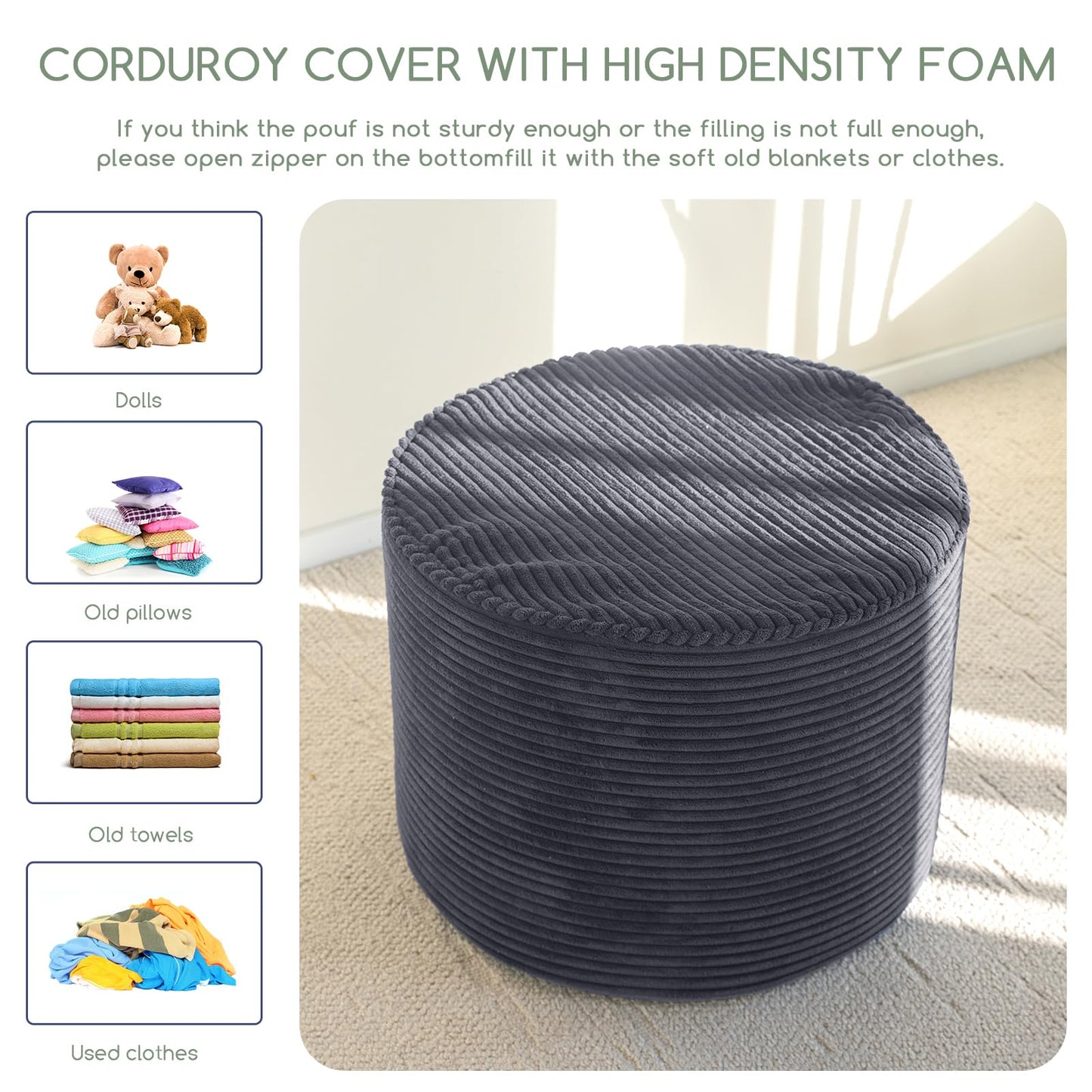 HIGOGOGO Round Stuffed Pouf Ottoman, Corduroy Poufs with High-Density Foam Filling, Furry and Fluffy Pouf Foot Stool Storage Ottoman, 17.7 x 13.8 Floor Poufs Foot Rest for Living Room，Dark Grey