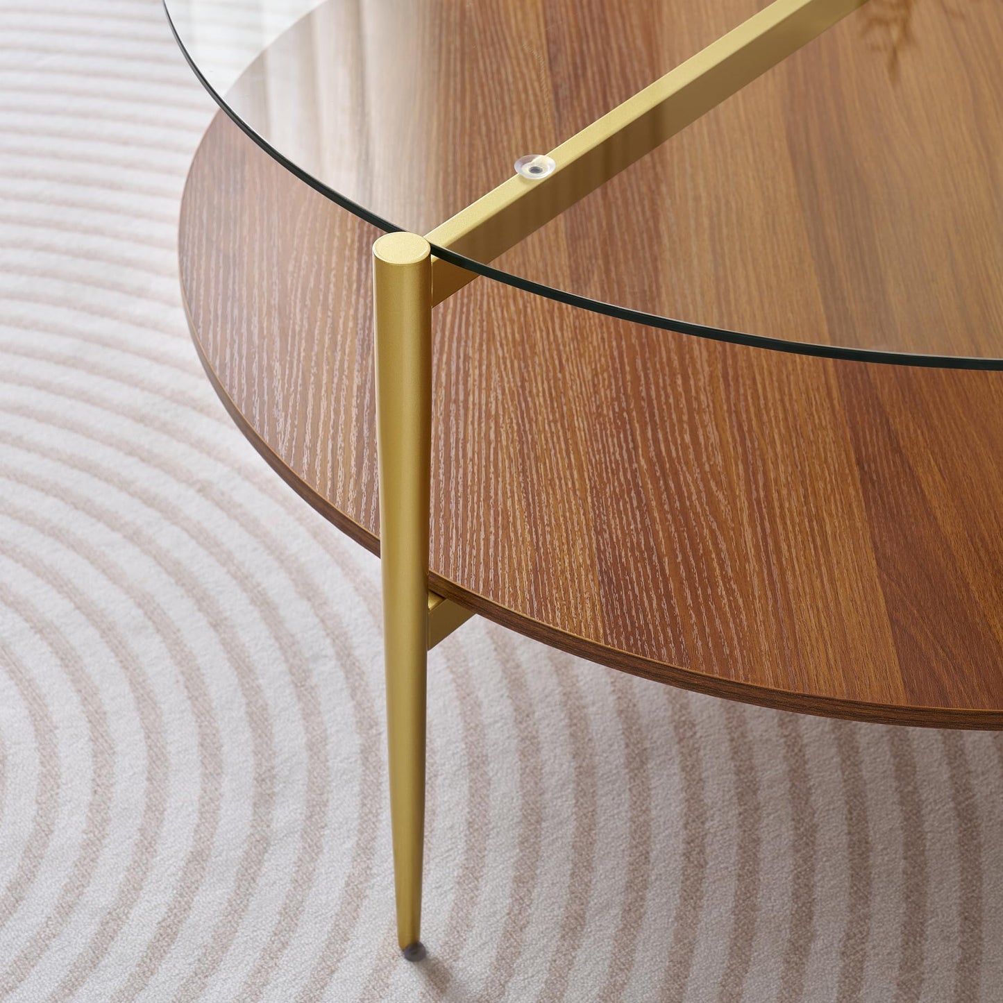 LumFurn Extra Large Round Coffee Table, Mid-Century Modern Design, D34 x H17 in, for Living Room, 2-Tier Structure, Clear Glass Top and Walnut MDF Shelf, Sleek Conical Metal Legs with Gold Finish