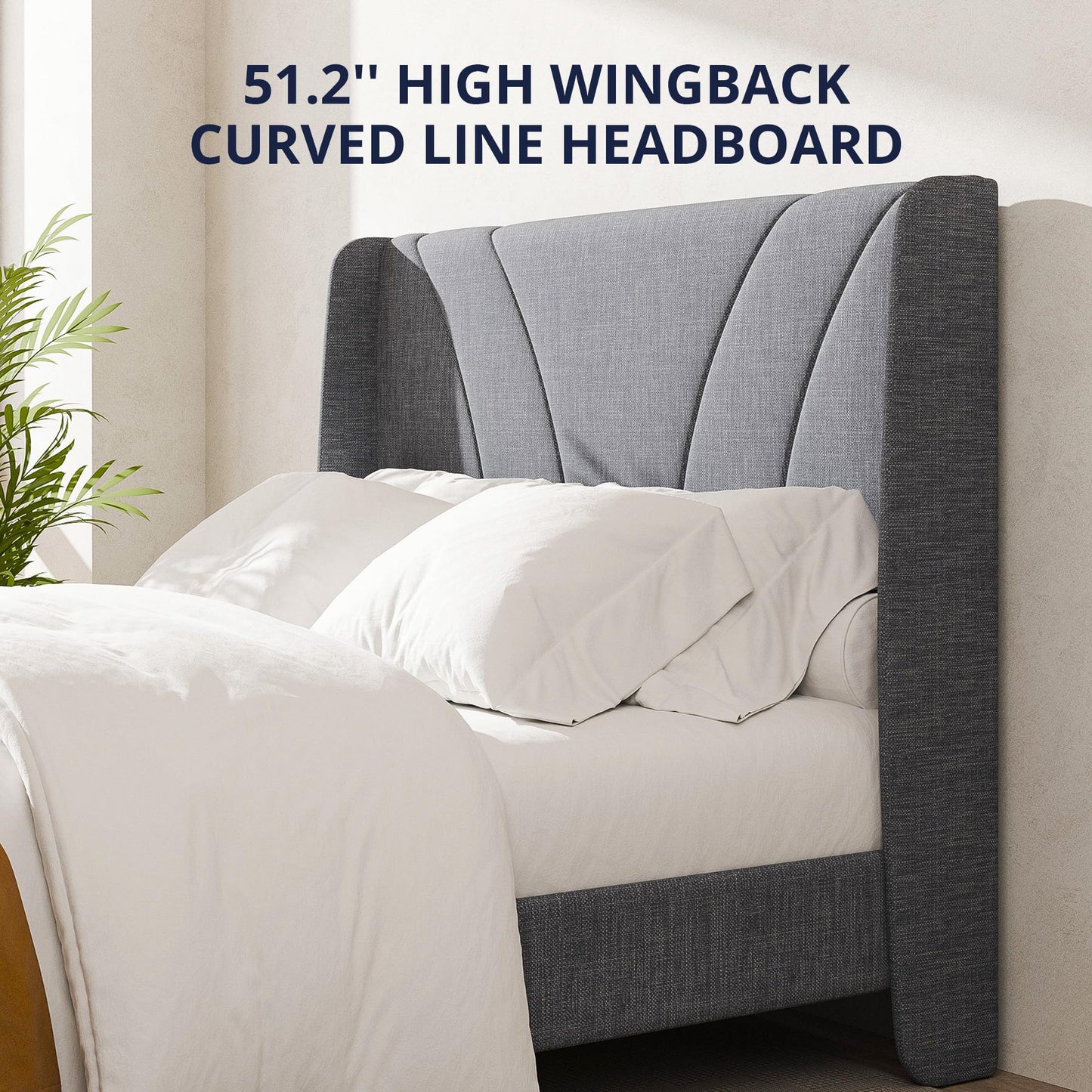 Cozy Castle Queen Bed Frame with 51.2" Tall Curved Wingback Headboard, Linen Upholstered Platform Bed, Soft Fabric/Noise-Free/Wooden Slats Support/No Box Spring Needed/Easy Assembly, Gray