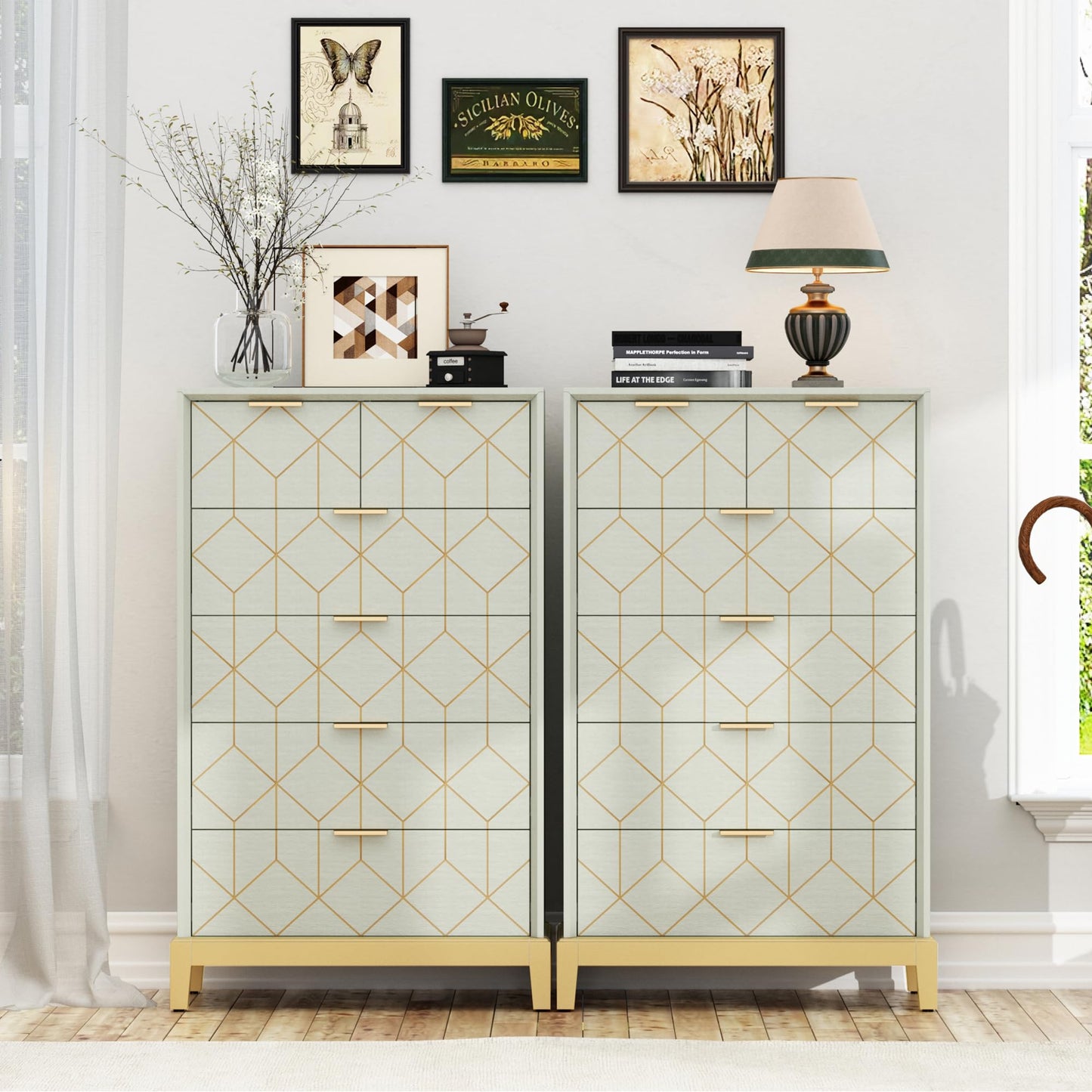 HLR 6 Drawer Dresser for Bedroom,Modern Wood Chest of Drawers with Gold Trim, Green Tall Dresser Storage Tower, Large Capacity Organizer Unit for Closet, Living Room, Hallway, Entryway