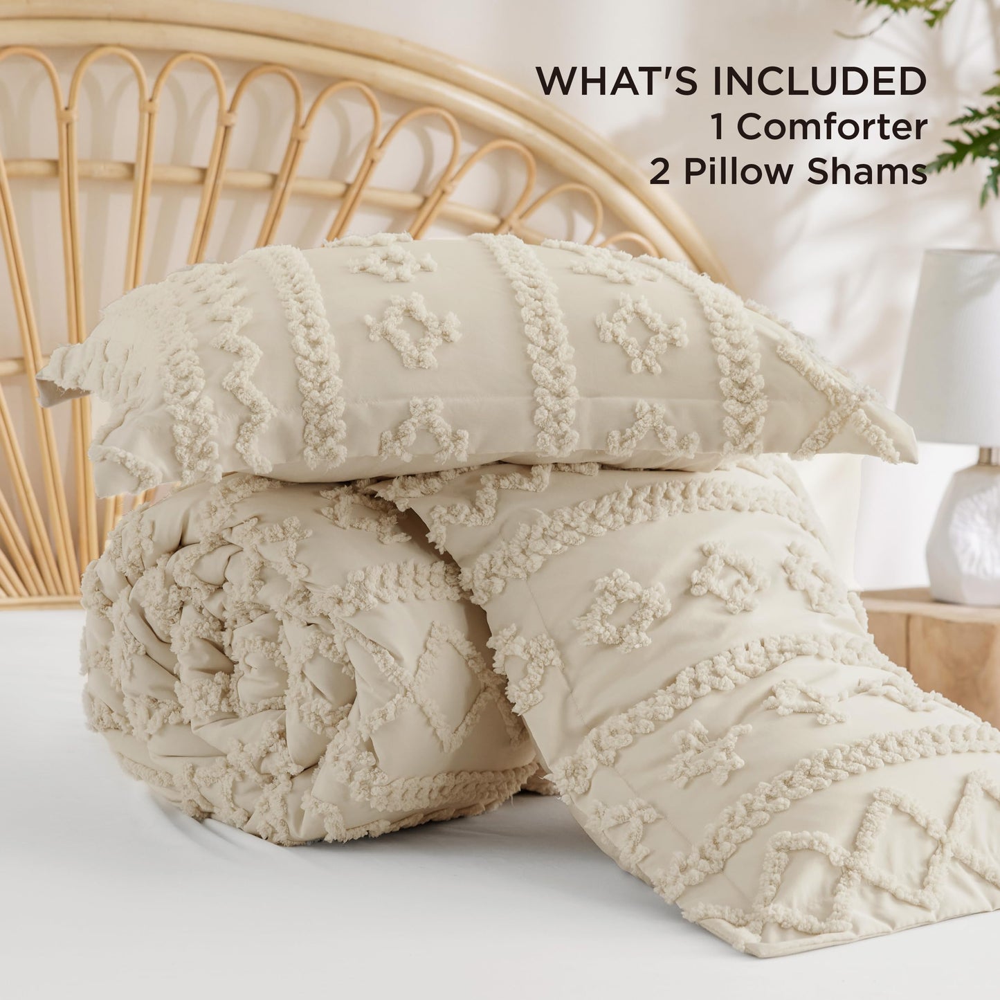 Bedsure Tufted Boho Comforter Set Queen Size - Beige Boho Bed Set, GentleSoft™ 3 Pieces Farmhouse Shabby Chic Embroidery Bedding, Gifts for Woman, Soft Jacquard Queen Comforter for All Seasons