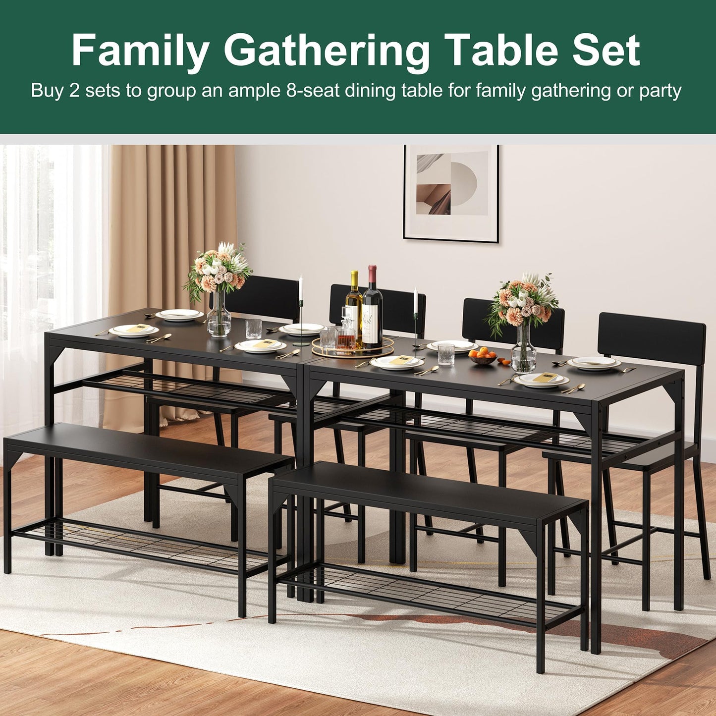 Shintenchi Kitchen Table Chairs Set of 4, Dining Table Set for 4 with Bench and Chairs, 4 Pieces Kitchen Table Set with Storage Rack & Metal Frame for Small Space, Black