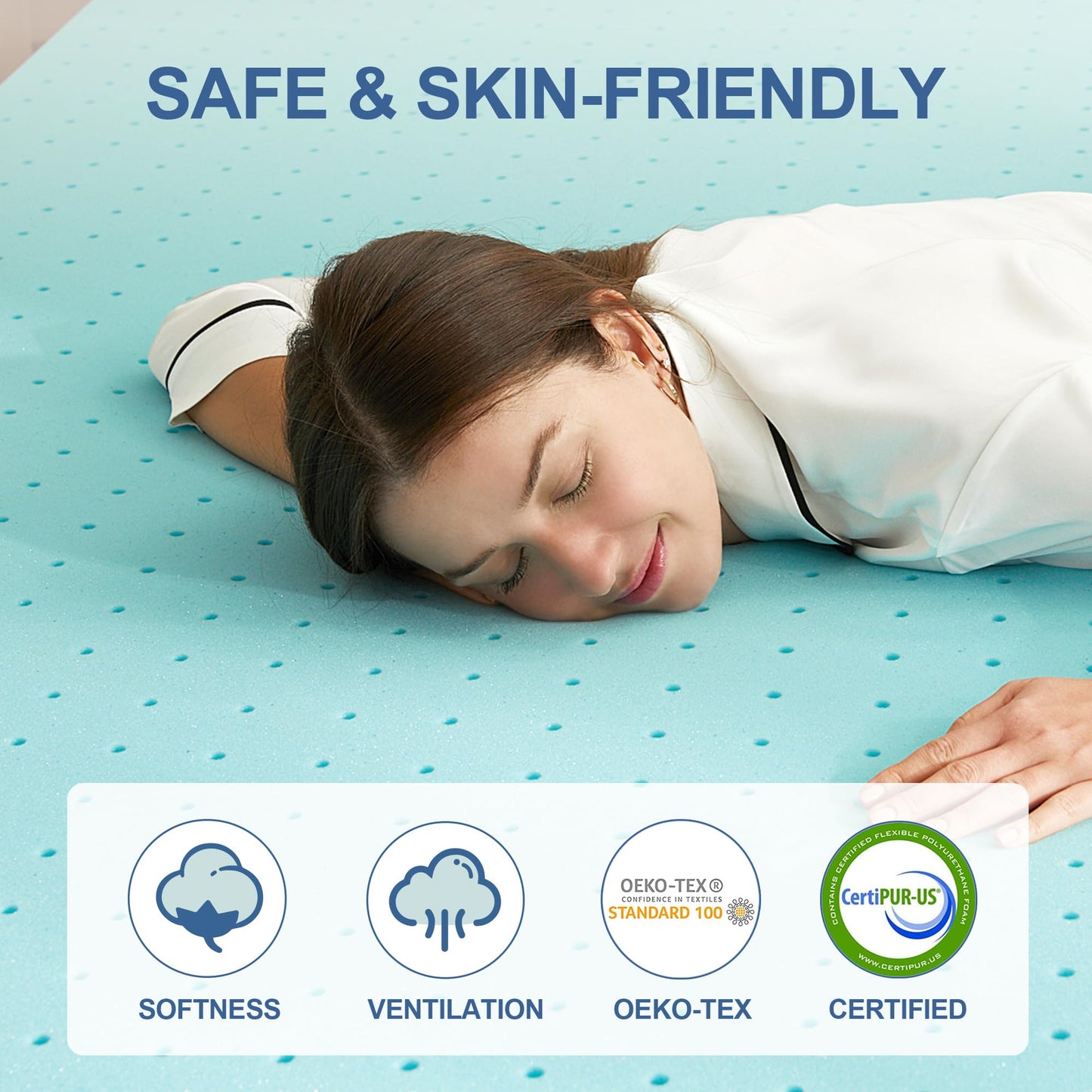 Eiayeebil 2 Inch Memory Foam Mattress Topper Queen, Mattress Pad Gel Infused Foam Bed Topper, Ventilated Soft Blue,Queen Size