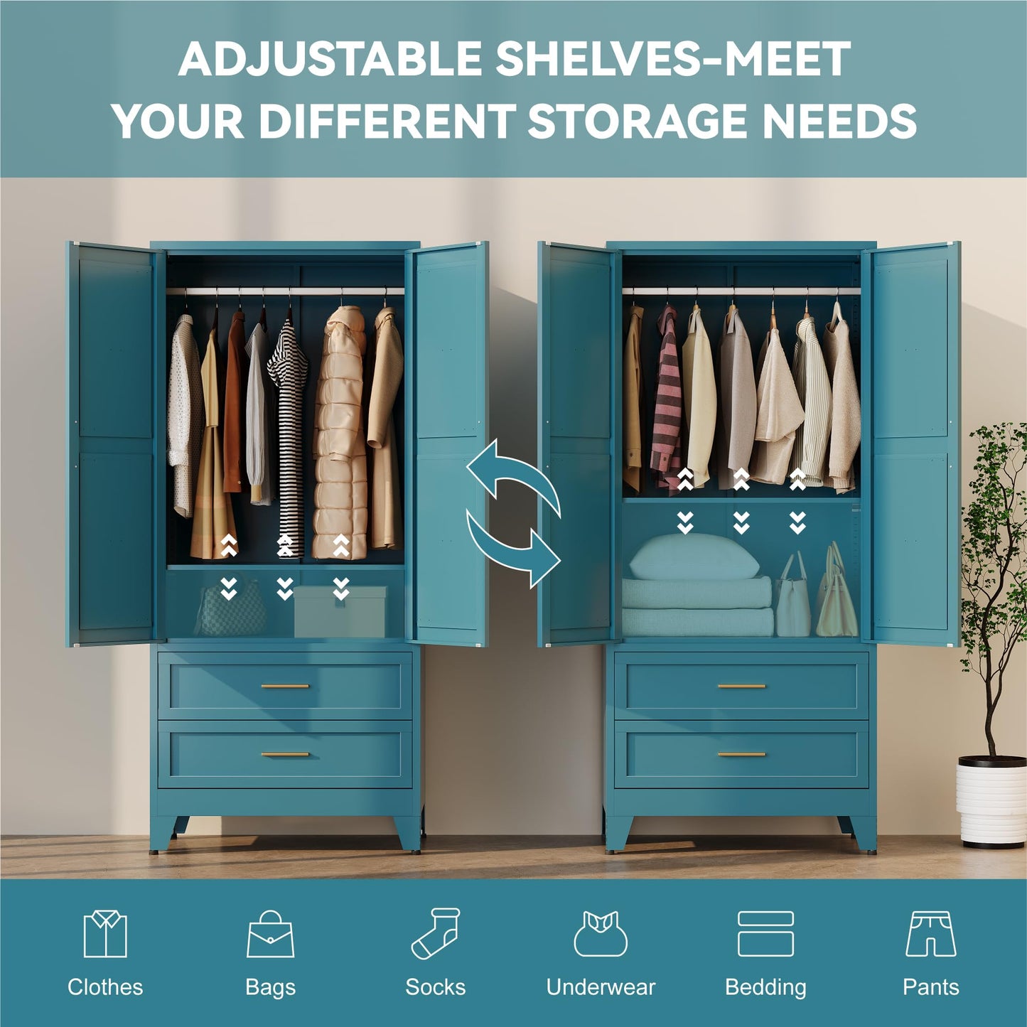 Baborokic Metal Wardrobe Cabinet with Hanging Rod, 71" Armoire Wardrobe Closet with 2 Drawers,Farmhouse Metal Clothing Storage Cabinets with Door and Adjustable Shelves for Bedroom,Laundry Room(Blue)