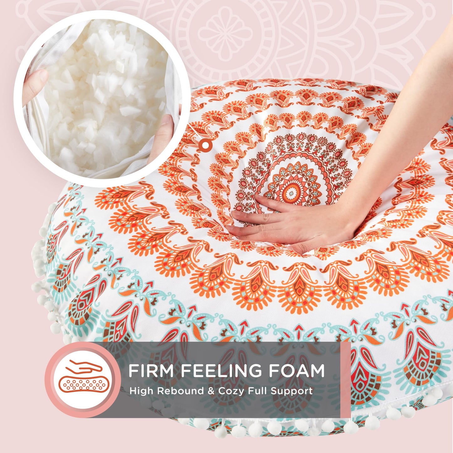 Codi Floor Pillows for Adults Set of 2, Large Boho Meditation Cushions with Memory Foam, Round Mandala Seating for Outdoor Yoga and Living Room, Washable, 32 Inch, Coral