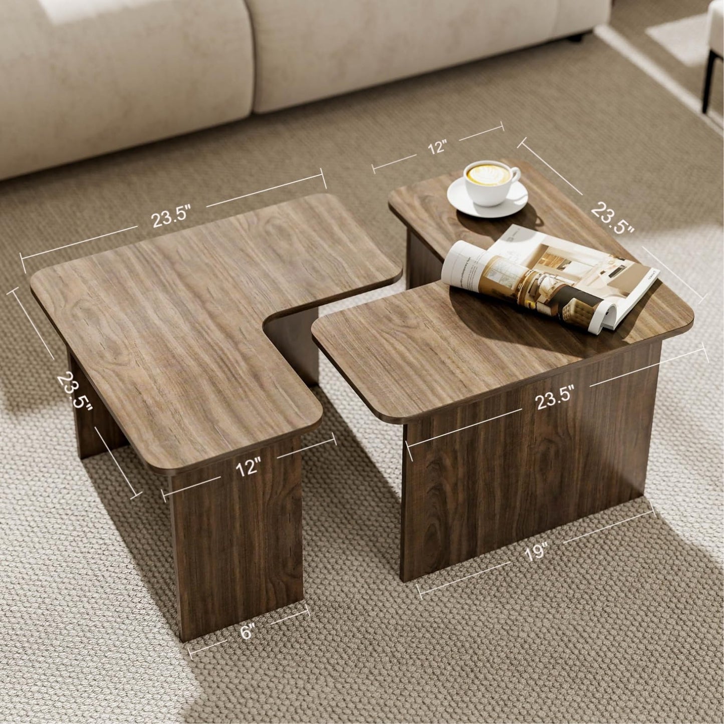 Modern Nesting Coffee Table Set of 2, Walnut Wooden L-Shape Square Coffee Table for Living Room, Small Center Table End Table Sets with Rustic Wood Grain for Bedroom Office Cafe
