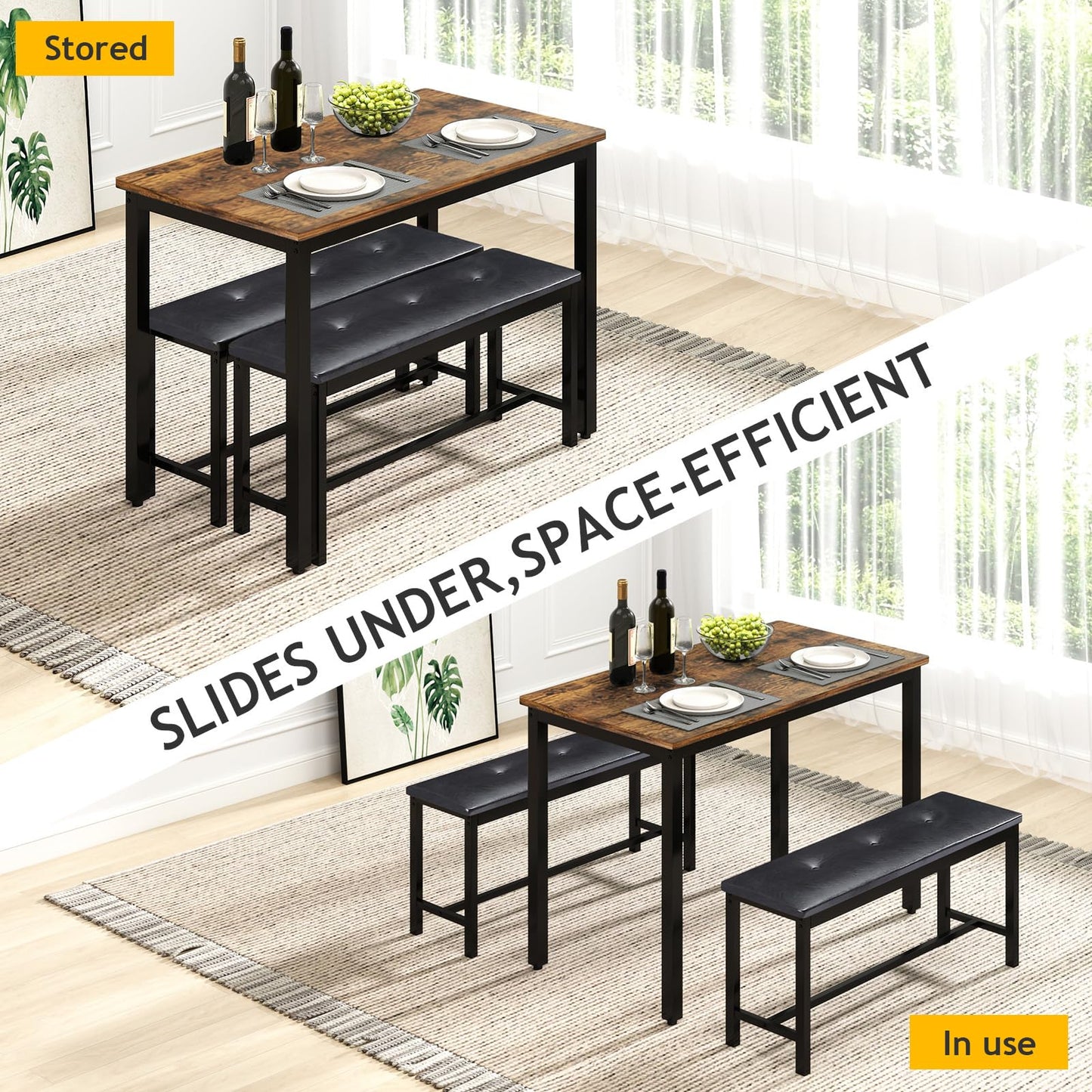 Rovibek Dining Room Table Bench Set for 4, Modern Space Saving Kitchen Table with with 2 Upholstered Benches & Adjustable Feet, Wooden Breakfast Table, 43", Brown
