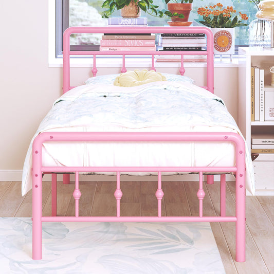 DiaOutro Classic Metal Platform Pink Twin Bed Frames with Headboard and Footboard, 16 Inch No Box Spring Needed Heavy Duty Victorian Style Iron-Art Mattress Foundation/Under Bed Storage