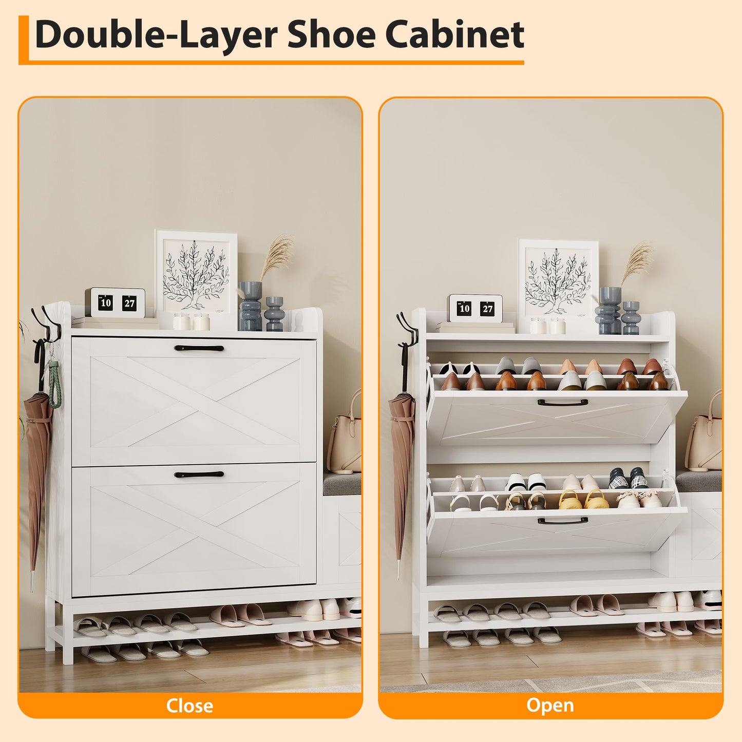 BouPower Shoe Cabinet with Bench, Farmhouse Narrow Slim Shoe Storage Cabinet 2 Flip Drawers for Entryway, Living Room, Hallway, White