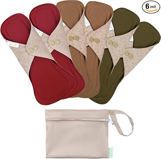 wegreeco 6 Pcs Reusable Menstrual Pads, Ultra Absorbent Cloth Pads for Heavy Flow, Sanitary for Teens, Women, Nonslip, Inner Aqua, Burgundy, Coffe, Rose Gold Outer, L