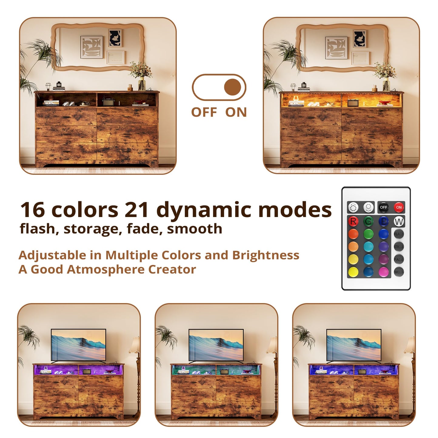LIKIMIO 6 Drawer 59" Brown Dresser with LED and Power Strip, Dressers & Chests of Drawers with Storage Cabinet for Bedroom