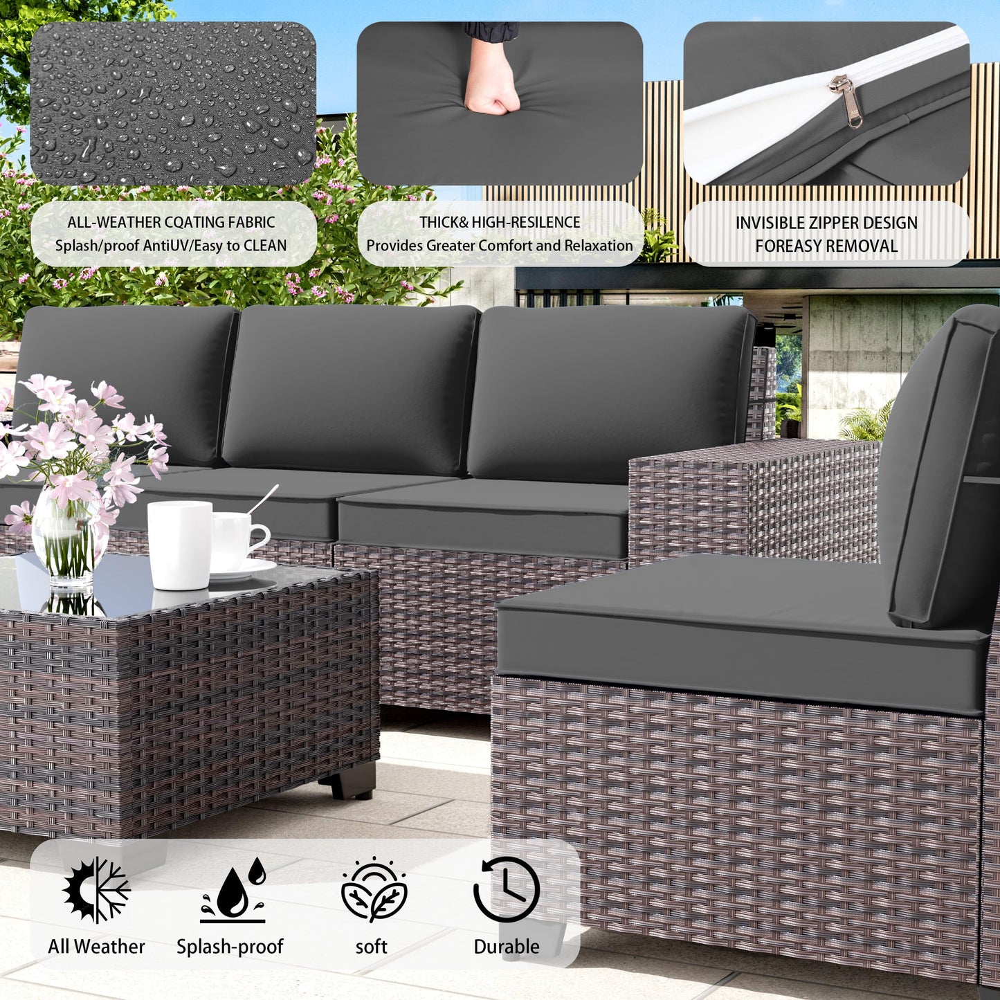 RTDTD Outdoor Patio Furniture Set, 6 Pieces Outdoor Furniture All Weather Patio Sectional Sofa PE Wicker Modular Conversation Sets with Coffee Table,5 Chairs & Seat Clips (Grey)