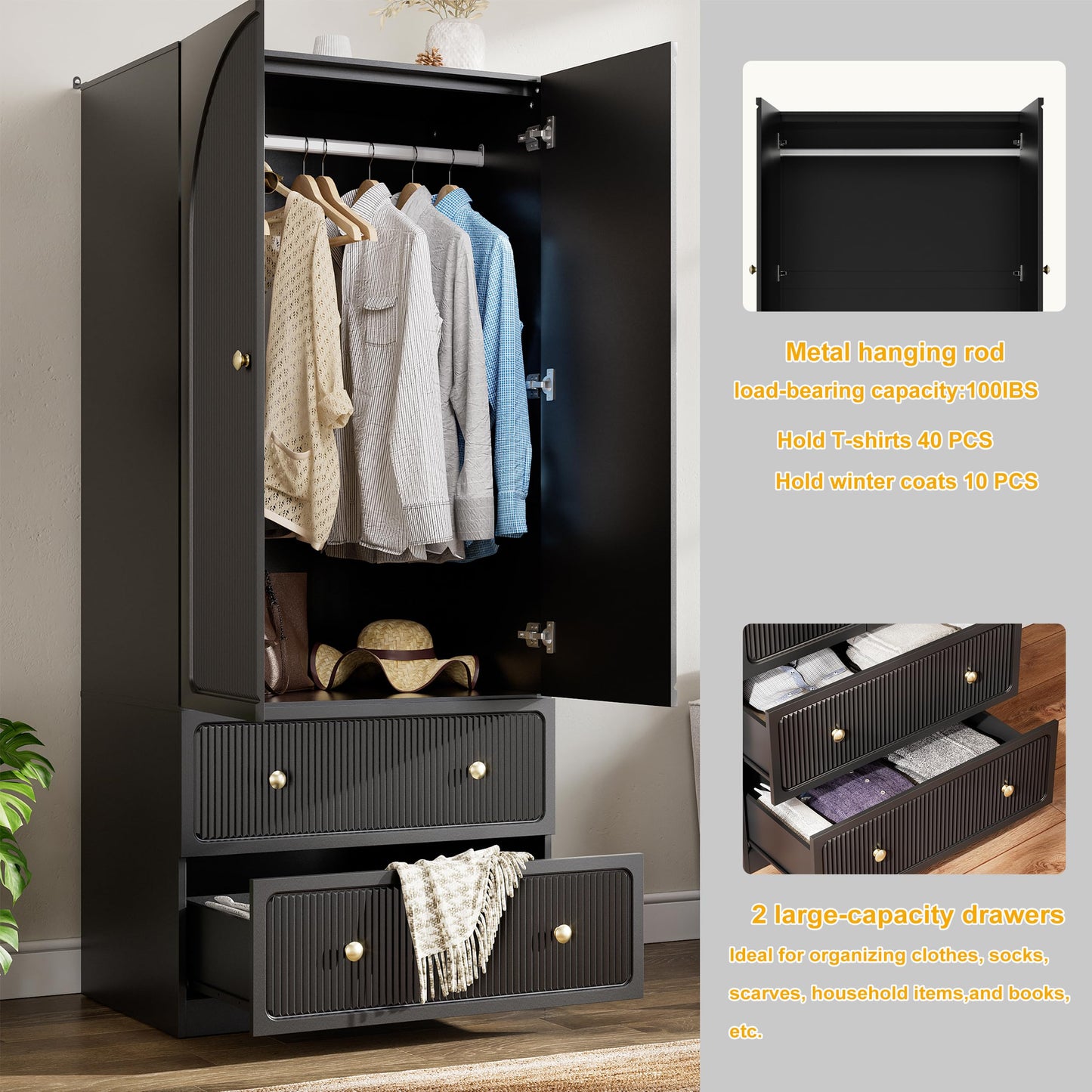 PAKASEPT Armoire Wardrobe Closet with 2 Drawers & Hanging Rod, Freestanding Wooden Wardrobe Cabinet with 2 Striped Doors for Bedroom, Living Room