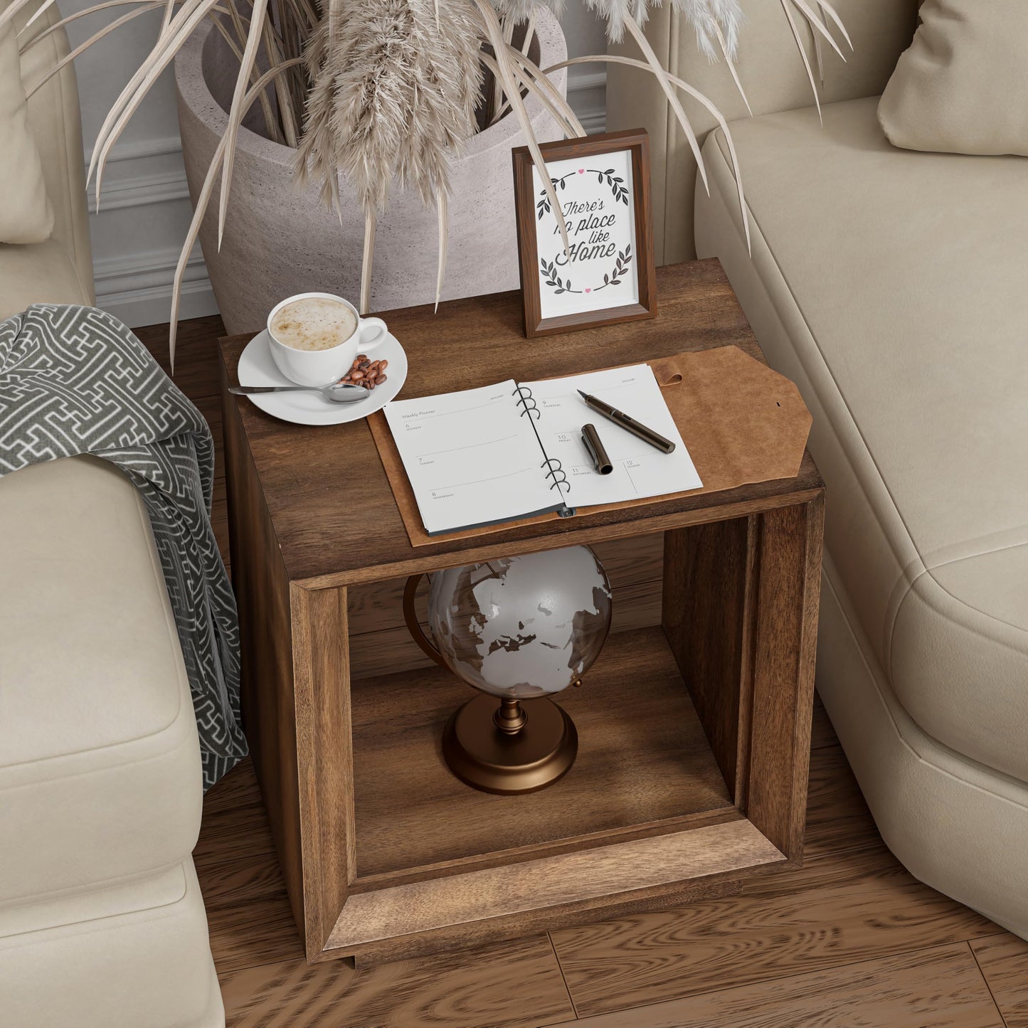 COZAYH Farmhouse End Table, Open Cube Accent Table with Geometric Frame, Modern Minimalist Side Table, Brown