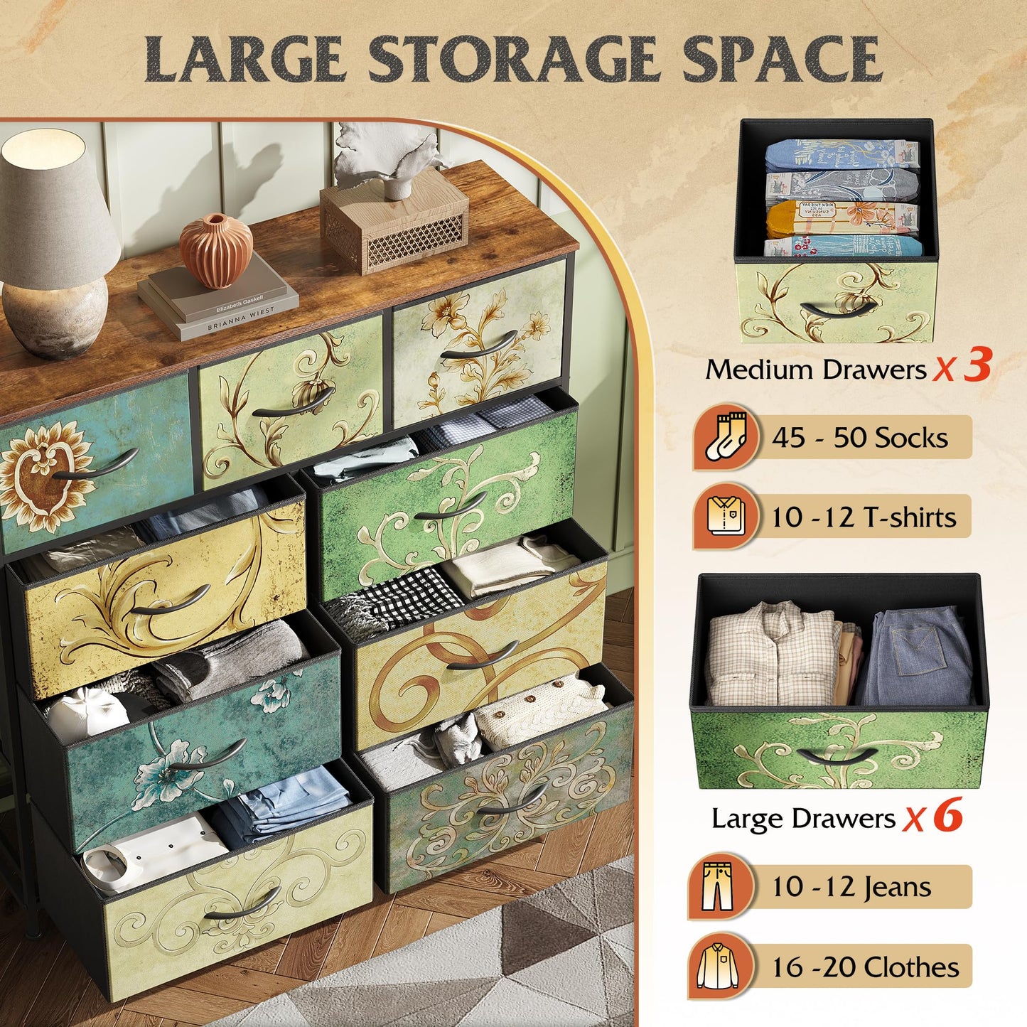 WLIVE 9-Drawer Dresser, Fabric Storage Tower for Bedroom, Hallway, Entryway, Closet, Tall Chest Organizer Unit with Fabric Bins, Steel Frame, Wood Top, Easy Pull Handle, Floral Painted