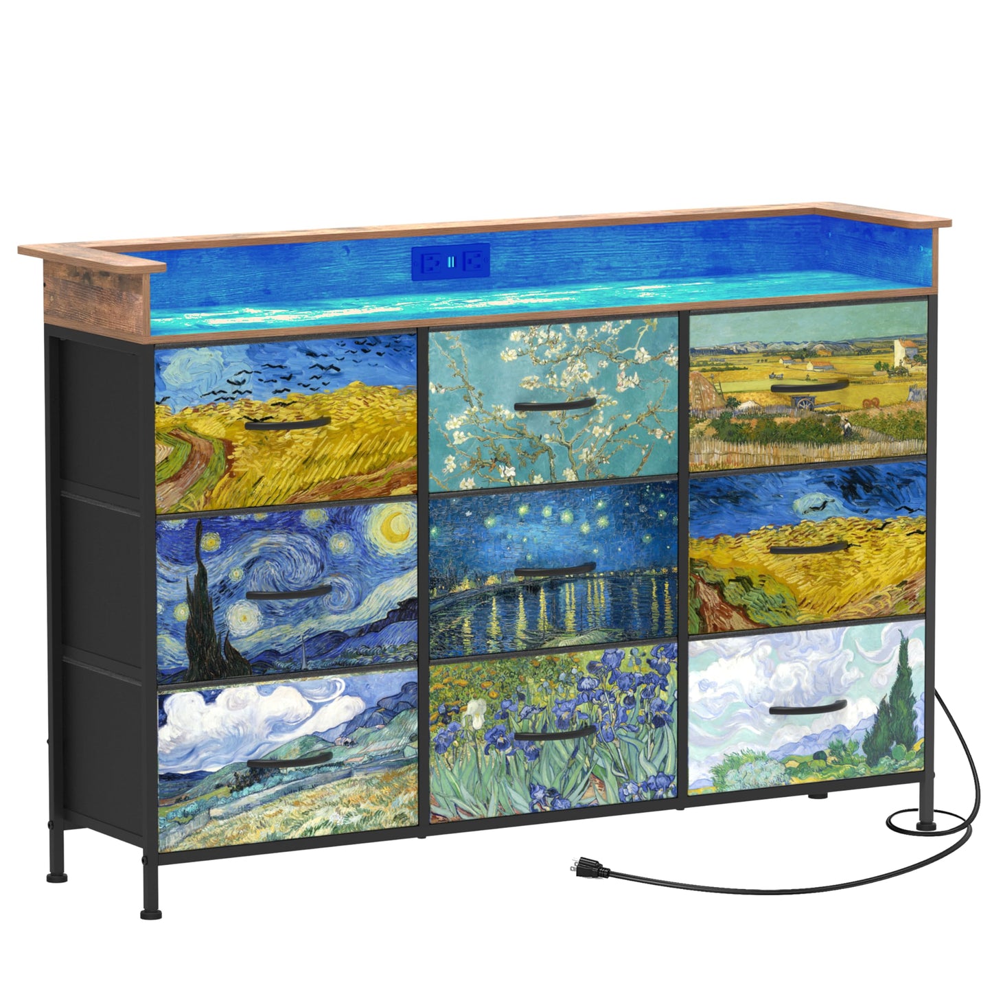 EXOTICA Welfuturer Dresser for Bedroom Van Gogh Dressers with 9 Drawers Chest of Drawers Fabric Clothes Drawer Fabric Closet Organizer for Living Room Entryway Nursery Sturdy Steel Frame Wood Top