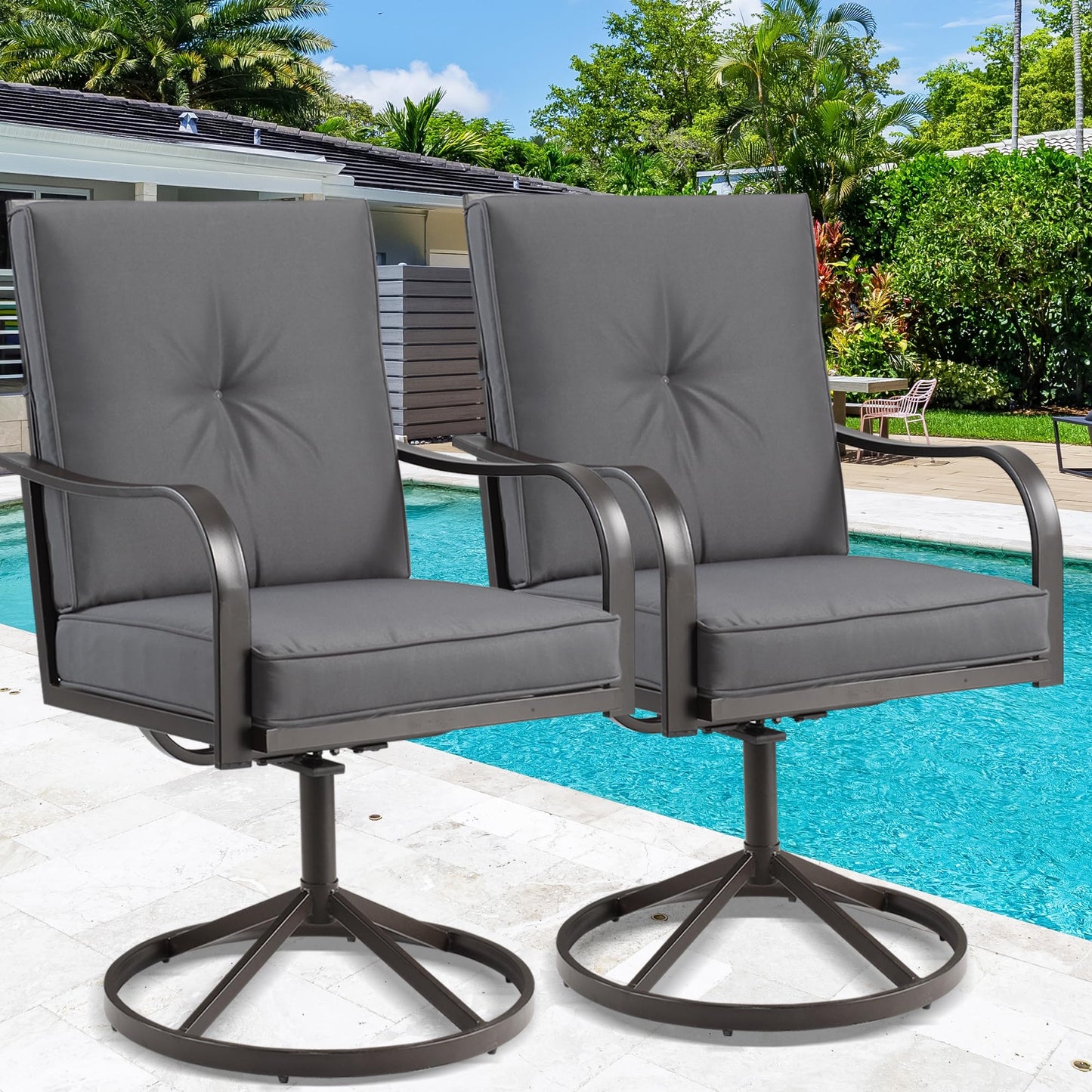 GOOGIC Patio Swivel Chair Set of 2,Heavy Duty Outdoor Dining Chairs with Thickened Cushions,Metal Patio Chairs Gentle Rocker for Outside,Garden Lawn & Porch Backyard, Grey