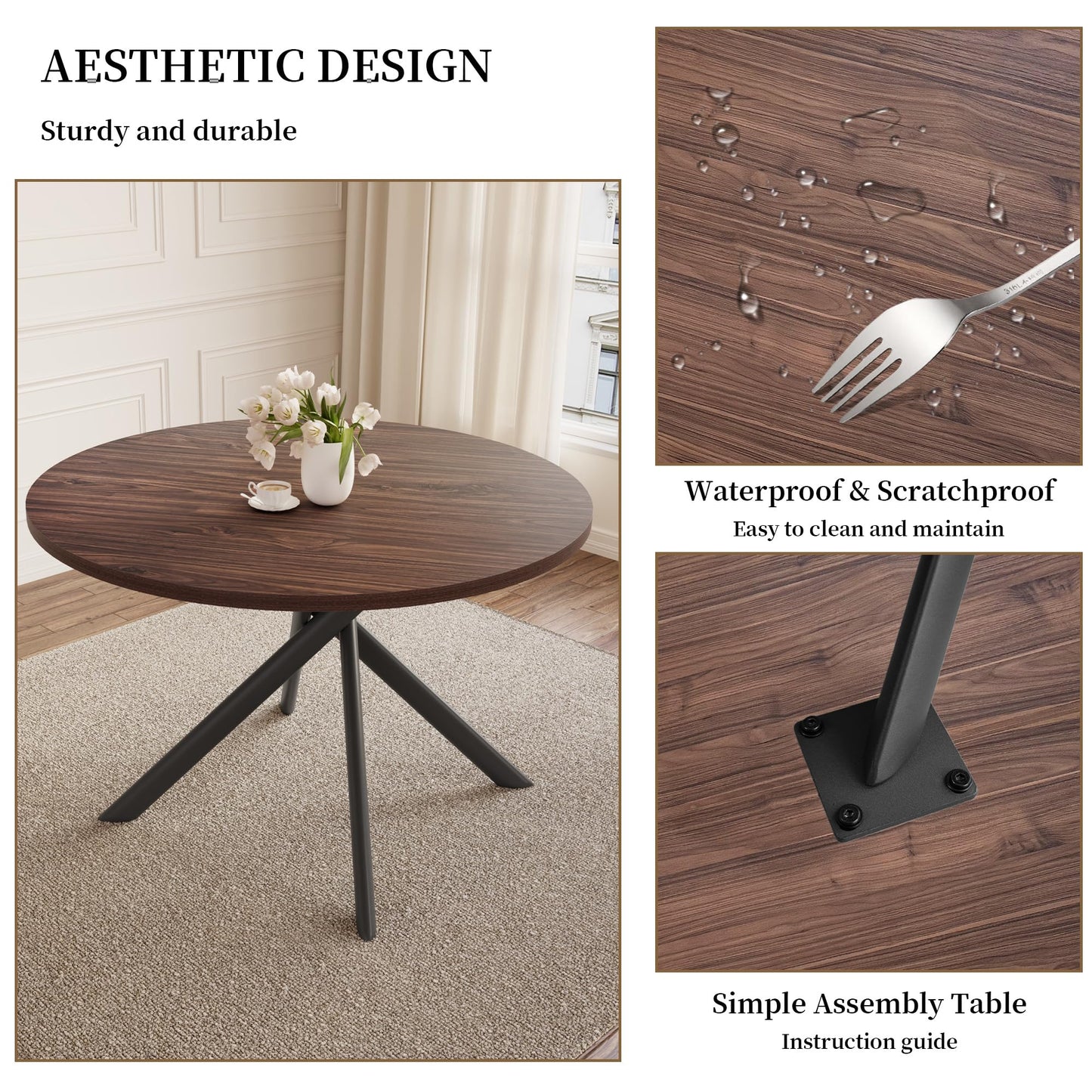 HIPIHOM 45.3'' Walnut Round Dining Table Set for 4, Mid Century Modern Small Coffee Set for Dining Room Kitchen Apartment (Walnut Table + 4 White Chairs)