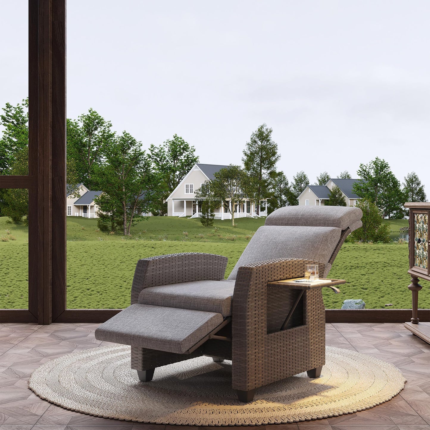 Outdoor Recliner with Independently Adjustable Backrest and Footrest, Patio Wicker Recliner Chair, All-Weather PE Wicker Patio Reclining Lounge Chair with Flip-Up Table Air Pump 155° Lay Flat