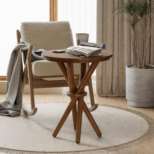 COZAYH Round Wood End Table Farmhouse Wooden Side Table Rustic Plant Stand with Bundled Legs for Living Room, Office, Walnut