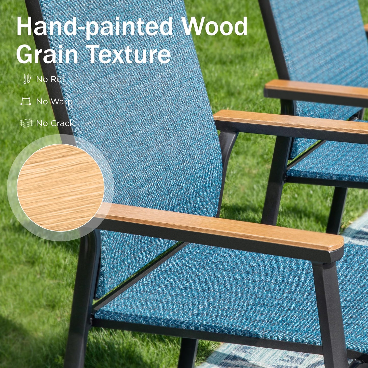PHI VILLA Outdoor Stackable Chairs, Patio Chairs Set of 2, Light Weight Aluminum Frame with Textilene Fabric & Wood Armrest, High Back Deck Chairs for Poolside Lawn Garden, Blue
