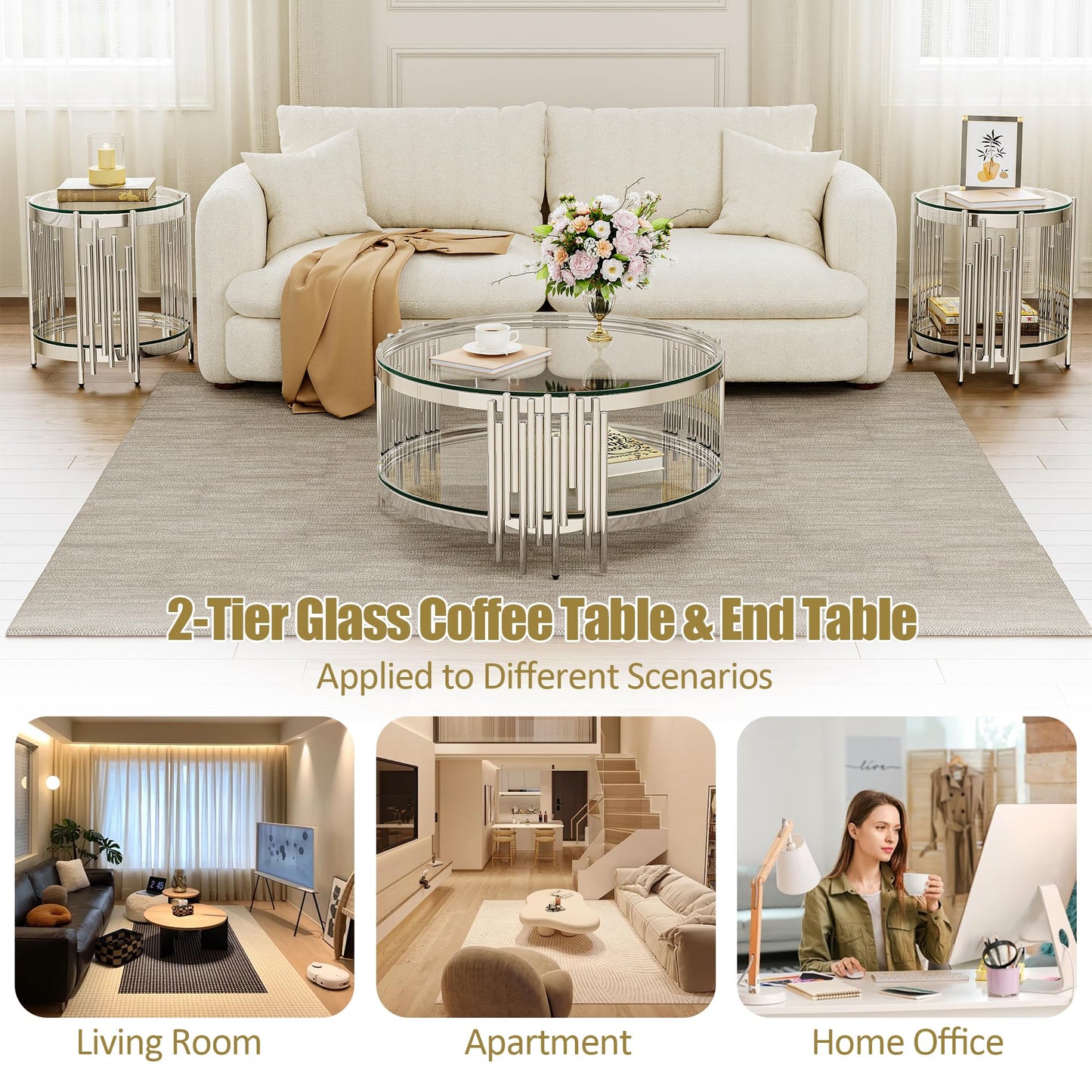 Round Glass Coffee Table, 35" Modern 2-Tier Center Table with Clear Tempered Glass Top and Silver Stainless Steel Base, Coffee Table for Living Room or Small Spaces
