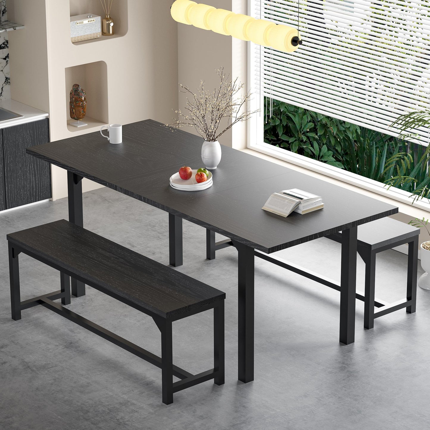 TOLEAD 63 Inch Dining Table Set for 4-8, 3-Piece Extendable Kitchen Table Set with 2 Benches, Metal Frame & Wood Board, Space-Saving Breakfast Dining Room Table Set for Home Kitchen, Black