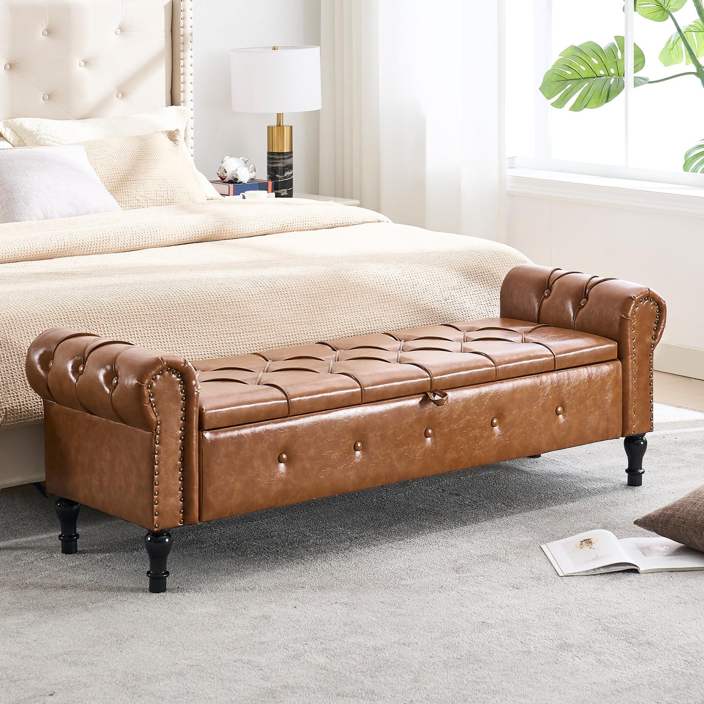 HOMYKA Storage Bench for Bedroom, Faux Leather 67" End of Bed Bench, King Size Bench with Arms, Tufted Storage Ottoman Benches, Upholstered Bench for Bedroom, Living Room, Entryway, Brown