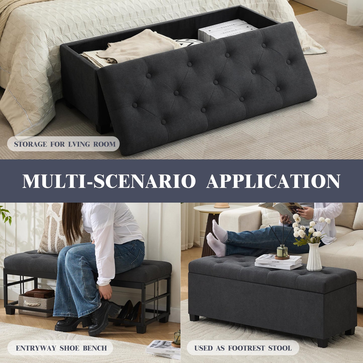 Mangodan 43’’ Storage Ottoman Bench, Linen Entryway Benches Load up to 660 Lb, Modern End of Bed Benches for Bedroom, Ottoman with Storage Bench for Living Room, Dark Gray