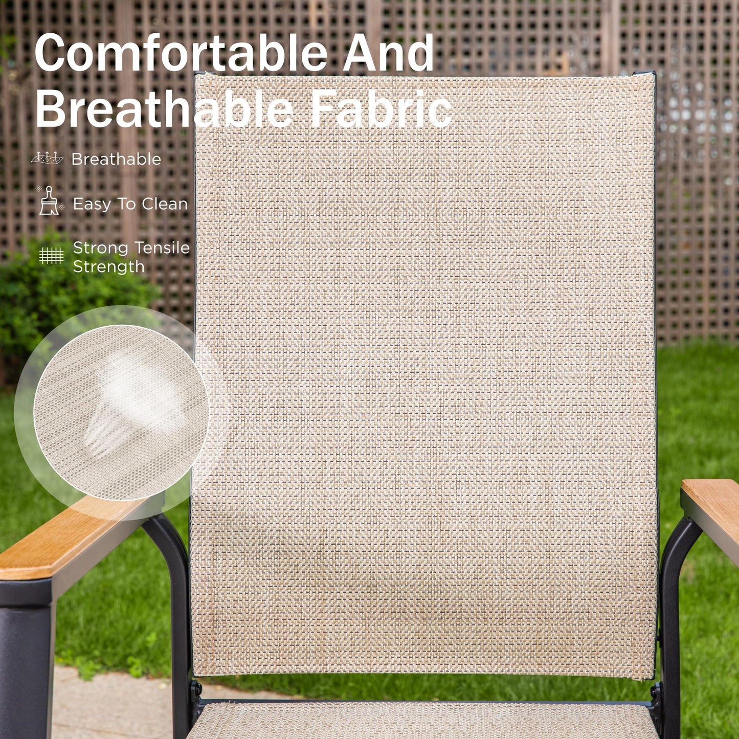 PHI VILLA Outdoor Stackable Chairs, Patio Chairs Set of 4, Light Weight Aluminum Frame with Textilene Fabric & Wood Armrest, High Back Deck Chairs for Poolside Lawn Garden, Beige