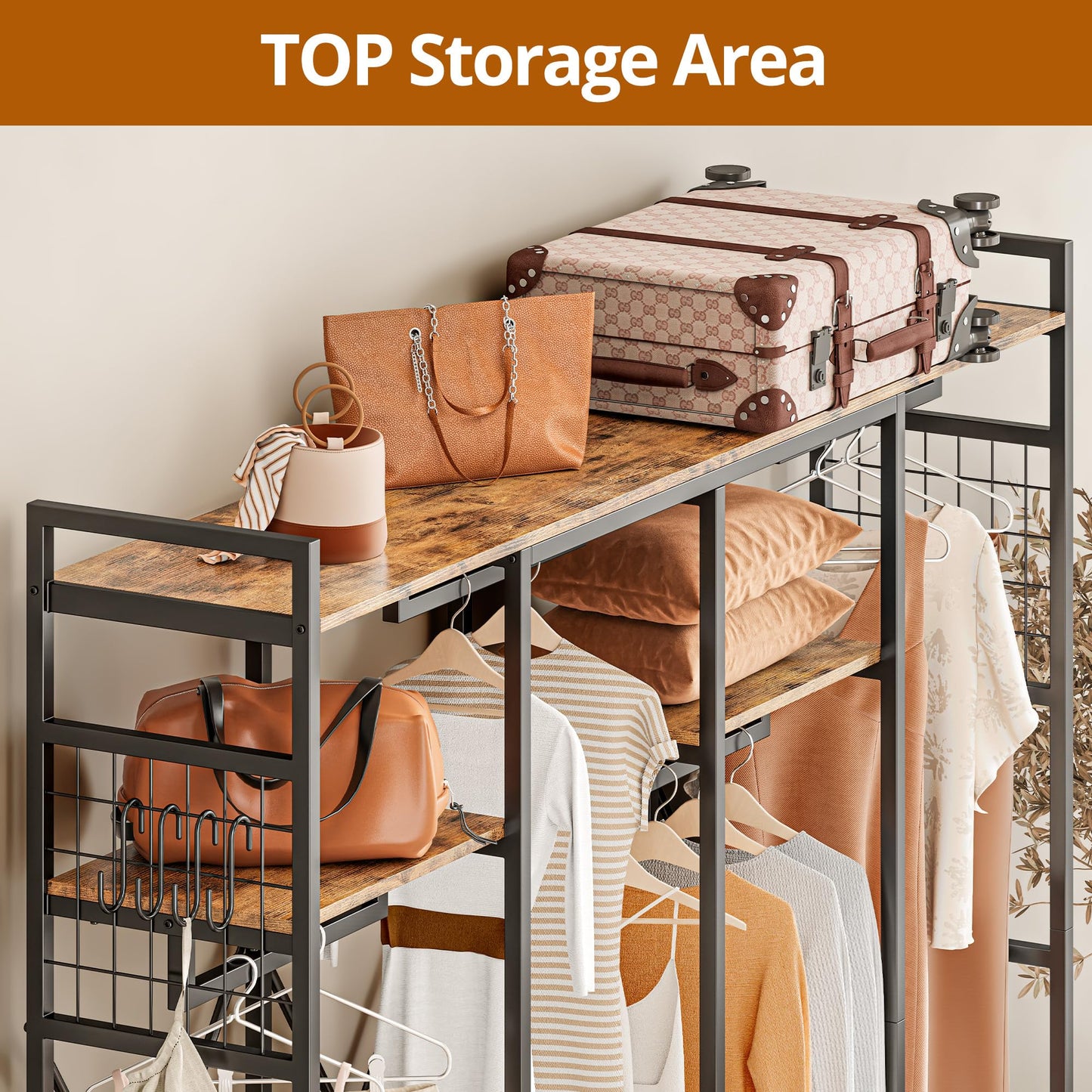 IRONCK Garment Racks and Storage Shelves, Heavy Duty Clothes Rack with 4 Wooden Drawers and Hanging Rods, Freestanding Closet Wardrobe Rack, Vintage Brown