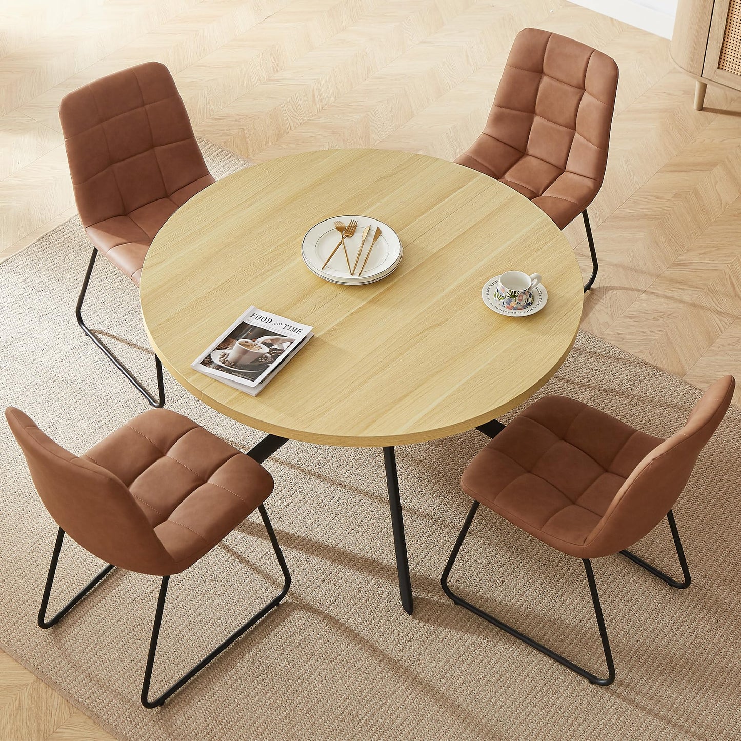 HIPIHOM 45.3 Inch Round Dining Table Set for 4, Mid Century Modern Small Kitchen Coffee Set for Dining Room Kitchen Apartment (Cream Table + 4 U-Shaped Brown Chairs)