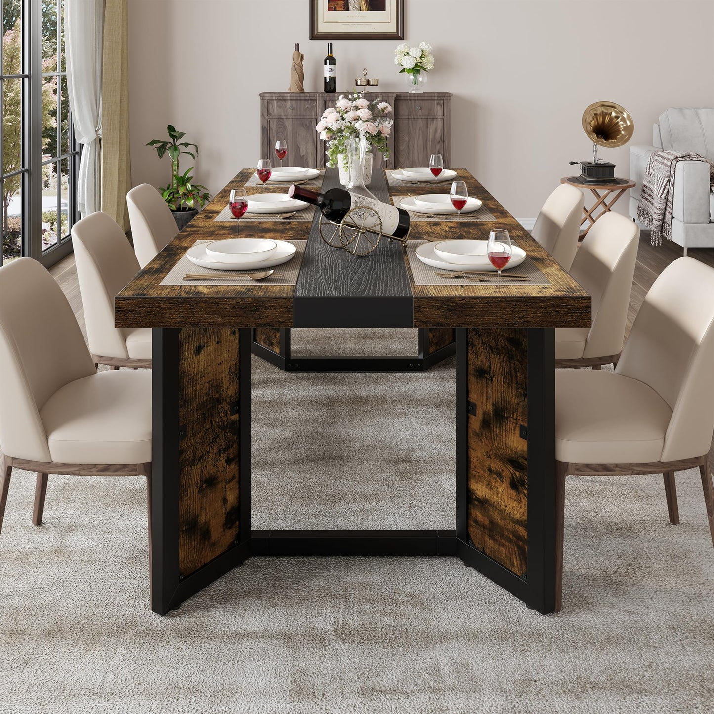 Industrial Dining Table for 6-8 People, 71" Large Long Wooden Kitchen Table with Sturdy Metal Frame & Brown Finish, Rustic Style Rectangular Dinner Table for Dining Room, Kitchen (Vintage Brown)