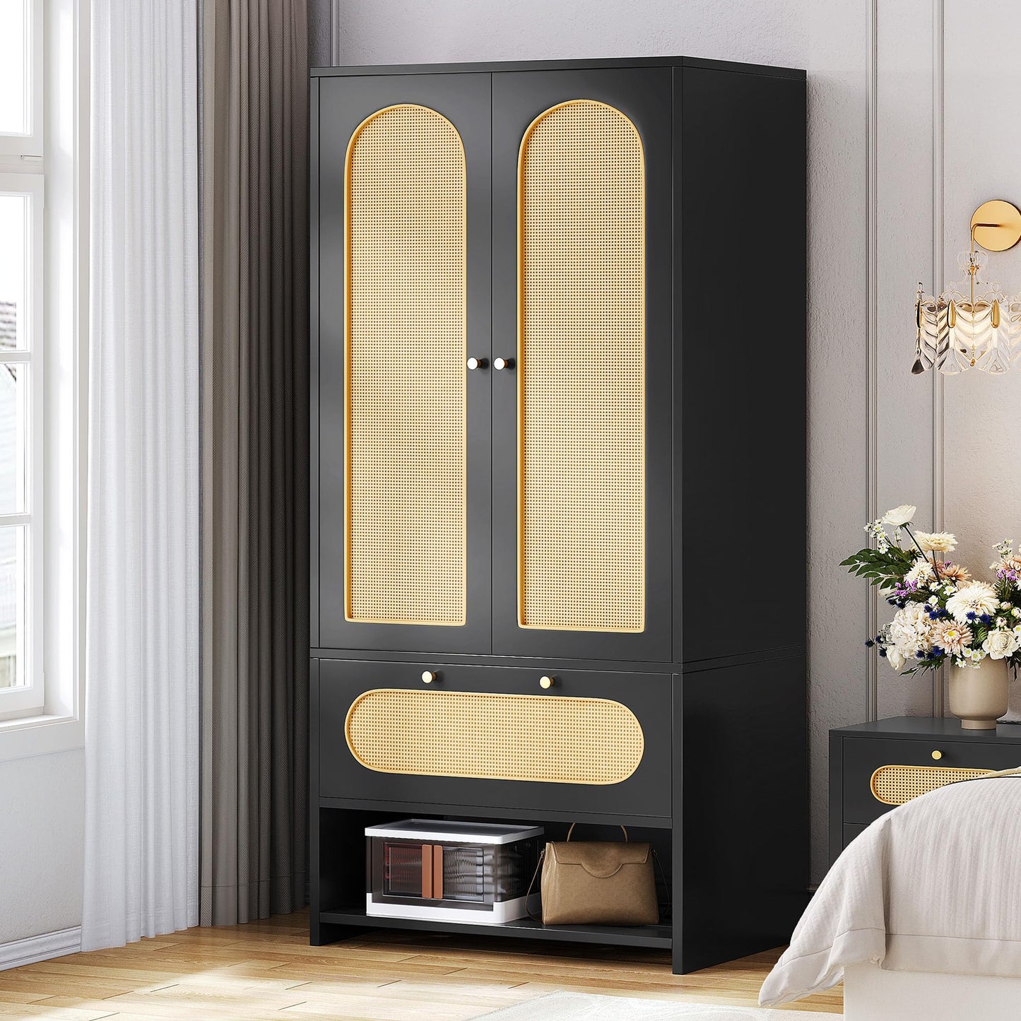 DWVO Rattan Armoire Wardrobe Closet - 70" Tall Rattan Closet with Doors, Large Storage Cabinet with Drawers & Hanging Rod - Black