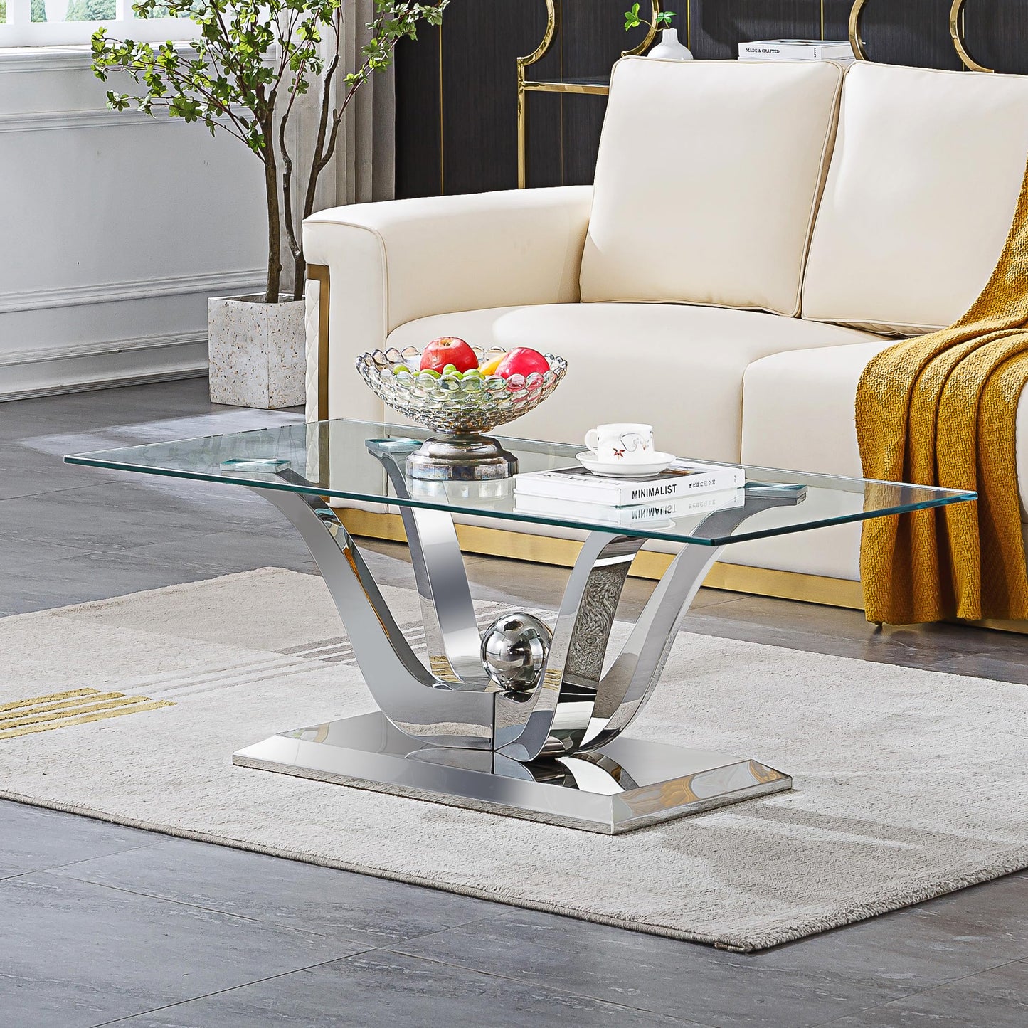 HomVent 47" Coffee Table, Tempered Glass Coffee Tables for Living Room, Entryway Bedside Table, Modern Side Tables Bedroom with Mirror Finish Stainless Steel Base