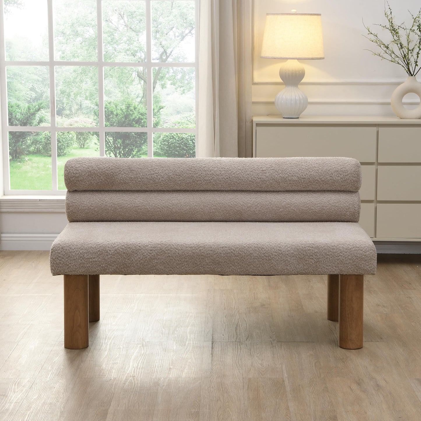 GDFStudio Upholstered Boucle Dining Bench with Backrest Farmhouse Entryway Bench with Rubber Wood Legs Long Indoor Bench for Bedroom Living Room End of Bed Dining Room Seating, Light Grey