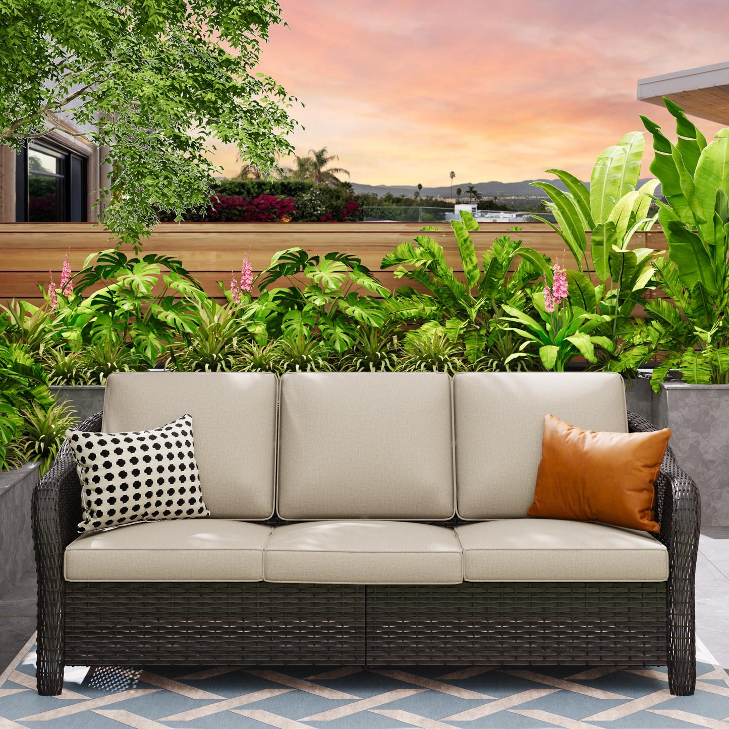 MeetLeisure 78" Wicker 3-seat Sofa, Outdoor Conversation Furniture, All-Weather Rattan Couch, Steel Frame Couch with Cushions for Garden, Poolside, Porch (Beige)