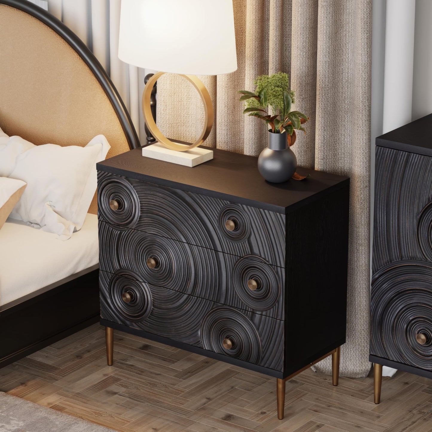 Aoikax Farmhouse 3 Drawer Dresser with Ring Motif, Disstressed Boho Nightstand for Bedroom, Entryway, French Country, Embossed, Black & Gold