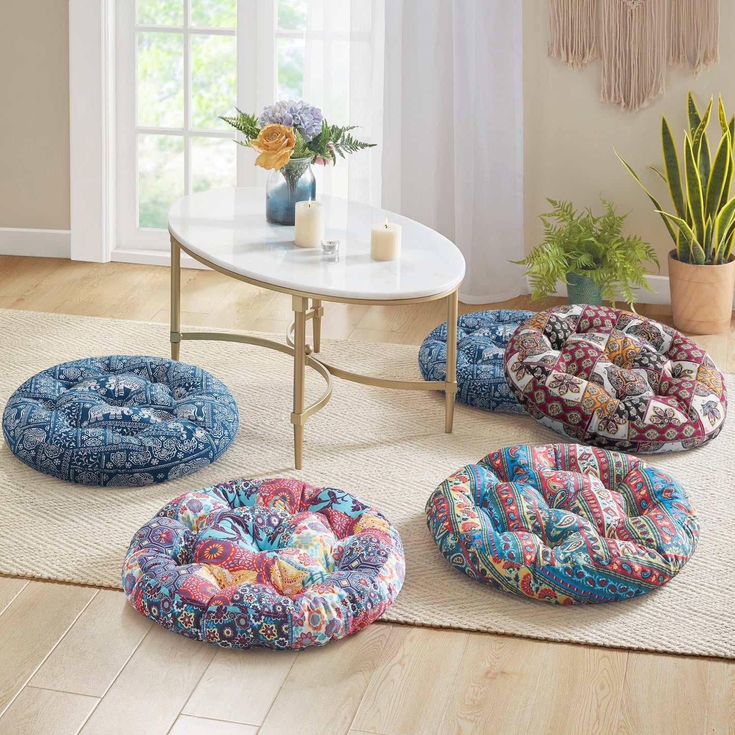 Codi Meditation Floor Pillow, Boho Pillows Seating for Adults and Kids, Large Round Cushion for Yoga Living Room Tatami Sitting, Memory Foam Added, 22x22 Inch, Indigo Elephant