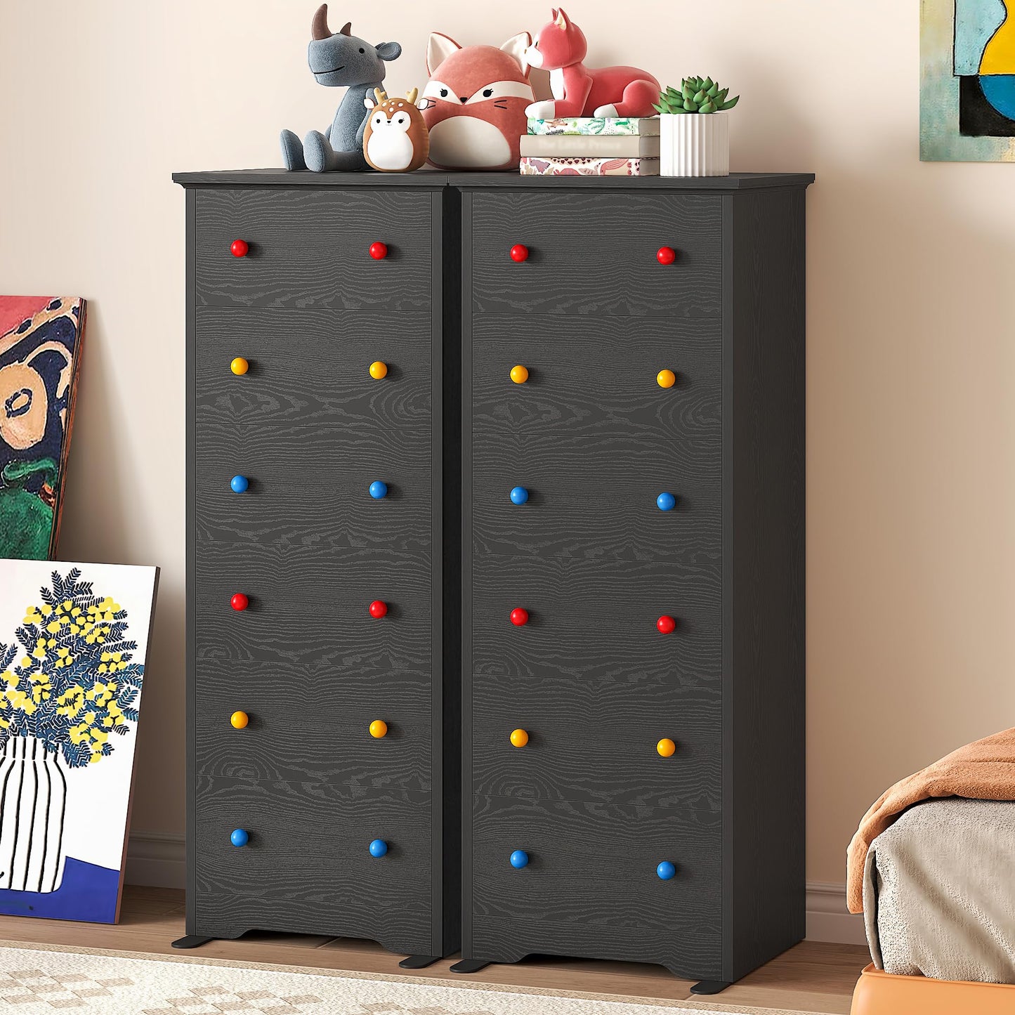 LIKIMIO Tall Skinny Dresser, 6 Drawer Dresser Tall with Colorful Handles, Chest of Drawers for Bedroom, 51.5" H Modern Wooden Storage Cabinet with Metal Sliding Rail, Black