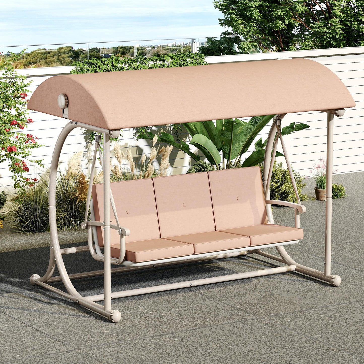 DAYARUS Modern Porch Swing with Stand, 3 Person Outdoor Patio Swings with Canopy, All Weather Backyard Swing for Adults, 2 in 1 Patio Swings Bed with Cushions, 600LBS Heavy Duty Outdoor Swing, Khaki