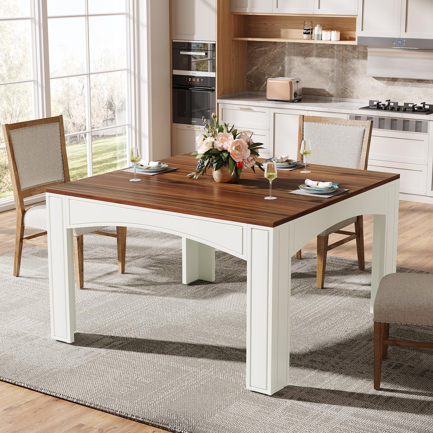Tribesigns Square Dining Table for 4 Person, 39.4" Farmhouse Wood Kitchen Table Dinner Table for Dining Room, Small Space, Walnut + White